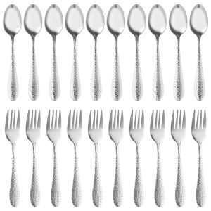 cwhniev 20 Pieces Kids Silverware Set, Stainless Steel Toddler Utensils, Hammered Style Kids Spoons and Forks, Children Cutlery Includes 10 Kid Spoons, 10 Kid Forks for Home Preschools