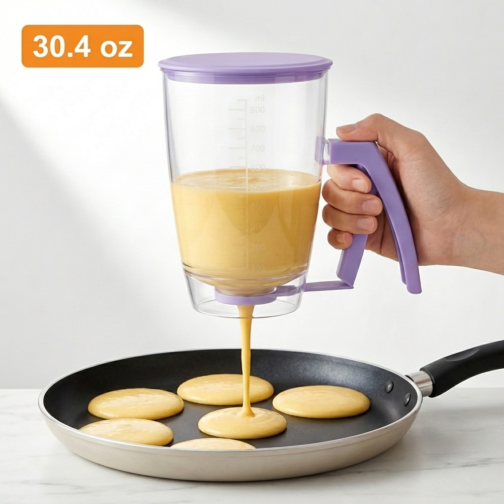 Xiyztok 30.4 Oz Pancake Batter Dispenser with Squeeze Handle and Measuring Label Handheld Waffles Batter Separator