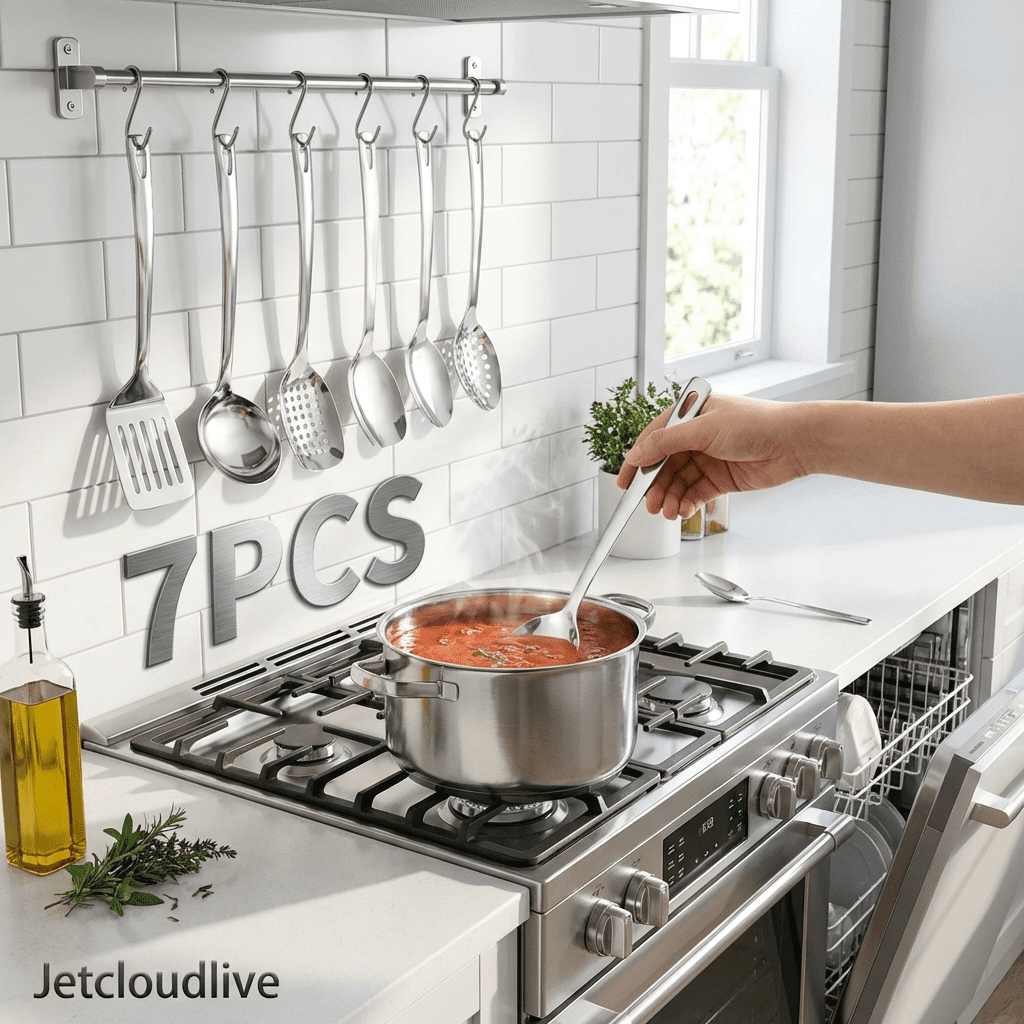 Jetcloudlive 7Pcs Kitchen Utensils Set, Stainless Steel Cooking Utensils Set, Heavy Duty Kitchen Tools Spatulas Set, Home Essentials Kitchen Gadgets Accessories