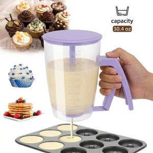 Xiyztok 4-Cup Pancake Batter Dispenser, Drip-Free Mix Pourer with Squeeze Handle and Measuring for Waffles, Crepes & Cupcakes