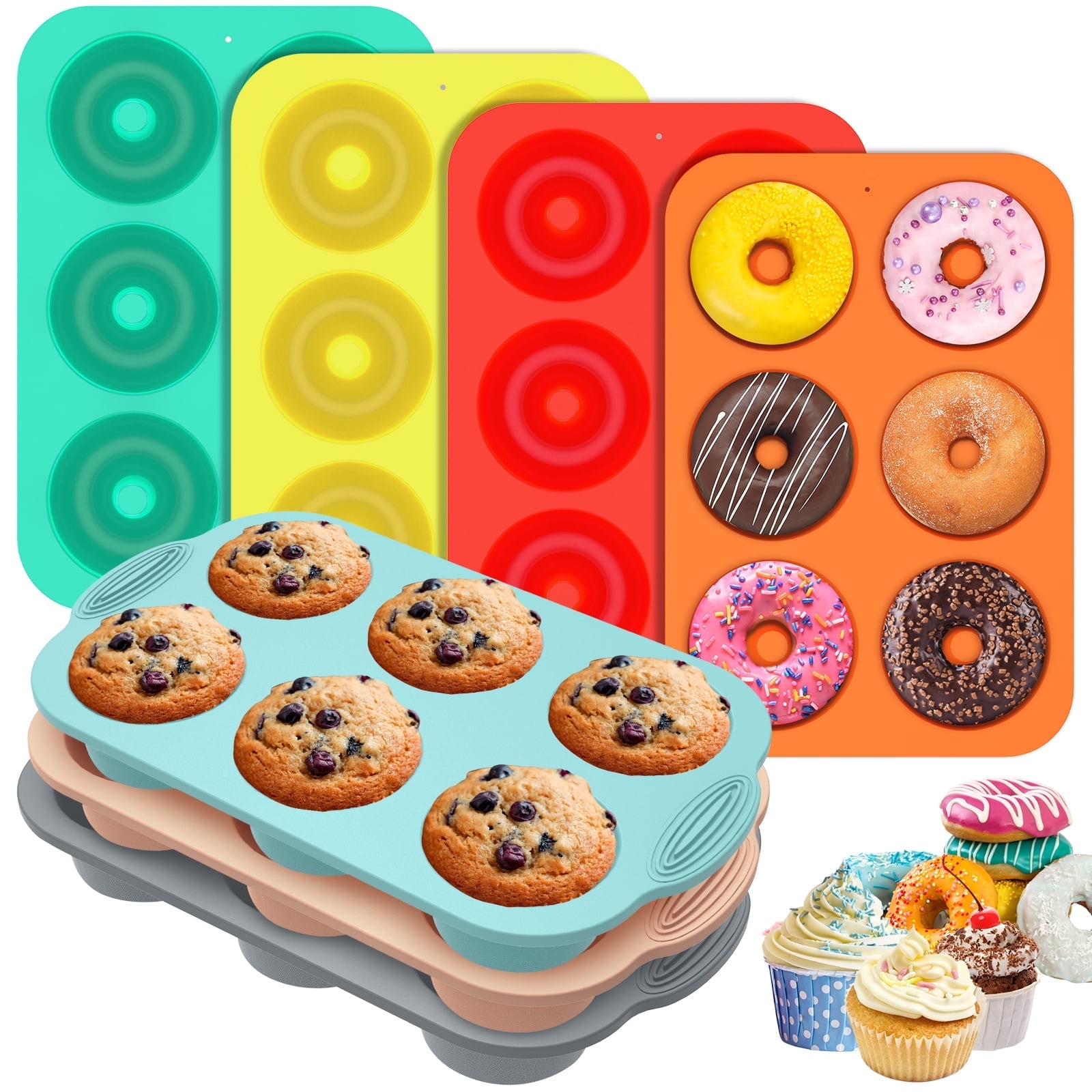 Jetcloudlive 7 Pcs Silicone Muffin Pan Donut Pan 6 Cup Cupcake Pans Non Stick Round Silicone Baking Molds Cake Muffin Tray 7 Colors for Cake Biscuit Bagels
