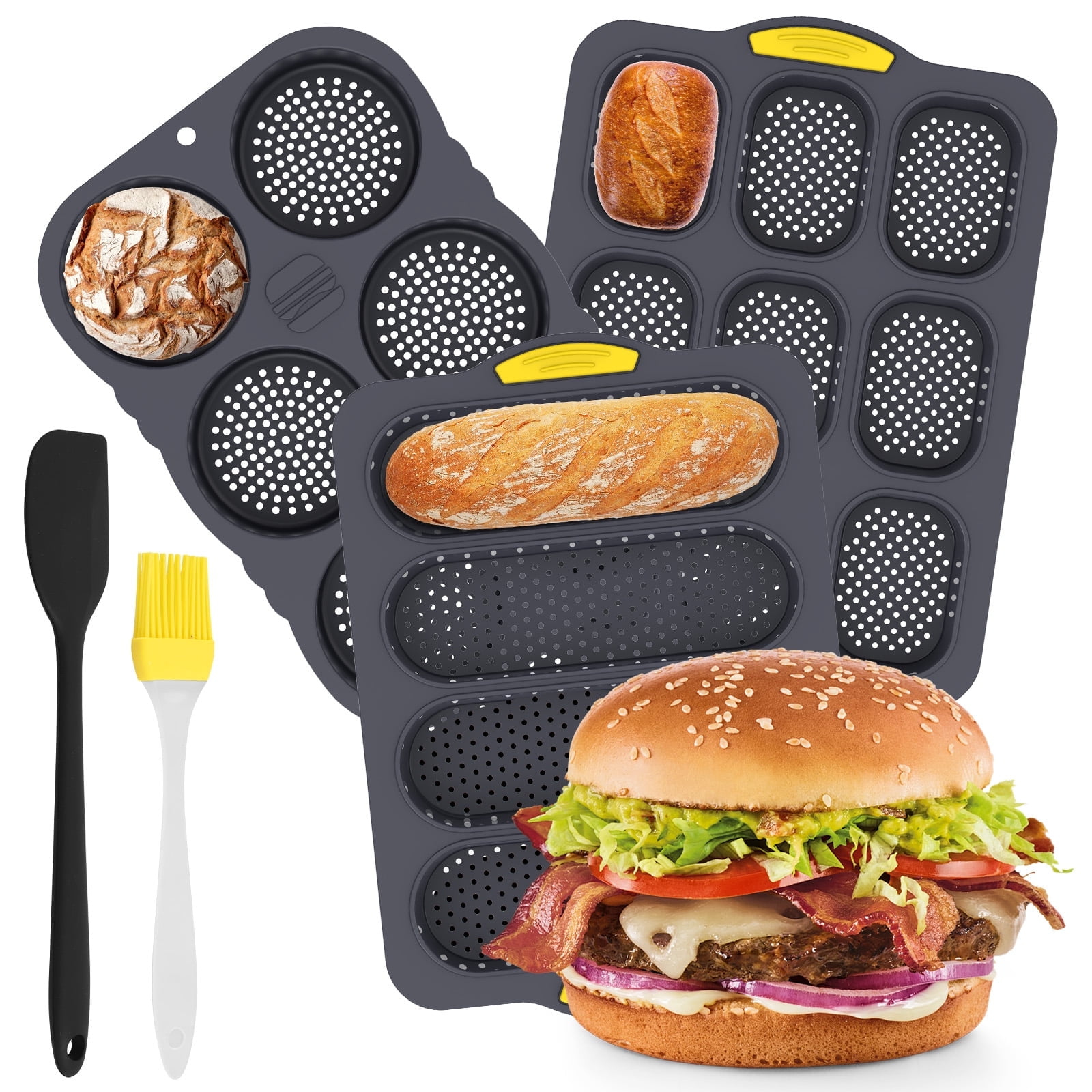 Jetcloudlive Set of 5 Hot Dog Bun Pan, 4/6/9 Cup Silicone Hamburger Bun Mold with Spatula and Brush, Versatile Use Bread Baking Mold for Homemade Bread