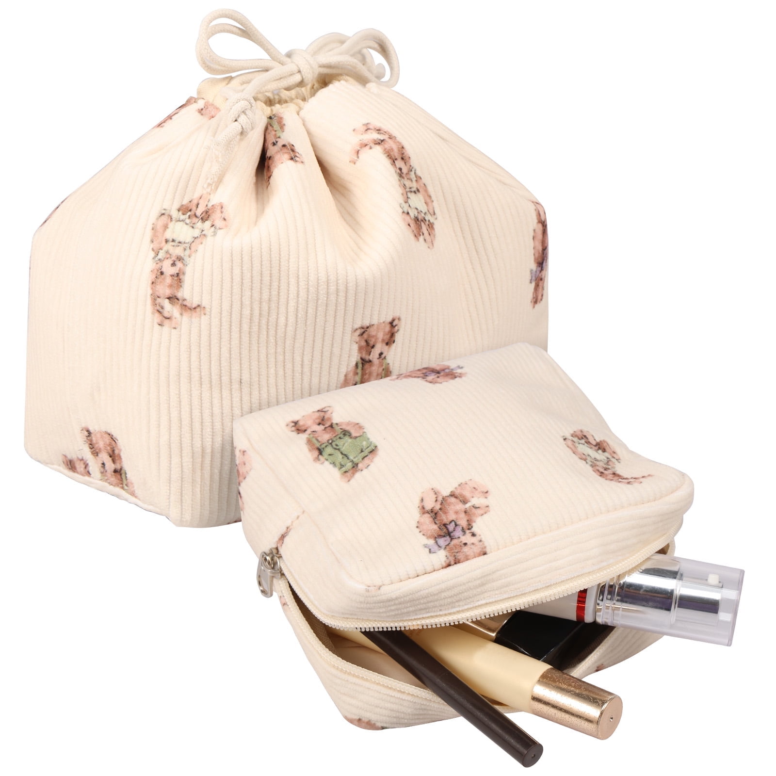 2 Pcs Cute Aesthetic Makeup Bag Set for Women Soft Corduroy Cosmetic Bag Set with Canvas Lining for Home Traveling Daily Trip