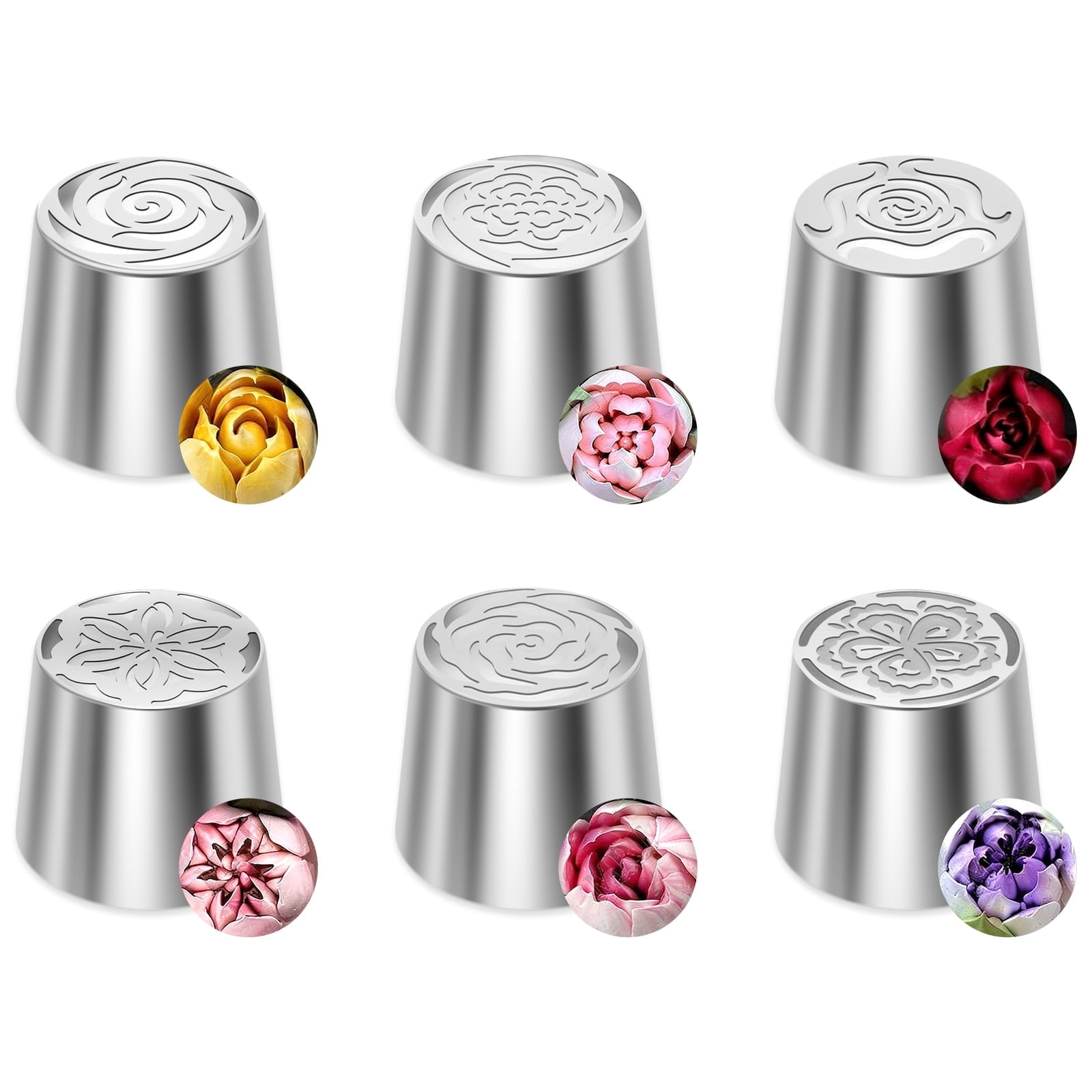 LINFANG 6 Pack Flower Russian Piping Tips Set, Extra Large Stainless Steel Rose Tulip Icing Tips for Cake Decorating, Floral Piping Tips Flower Bouquet For Cake Dessert Cookie