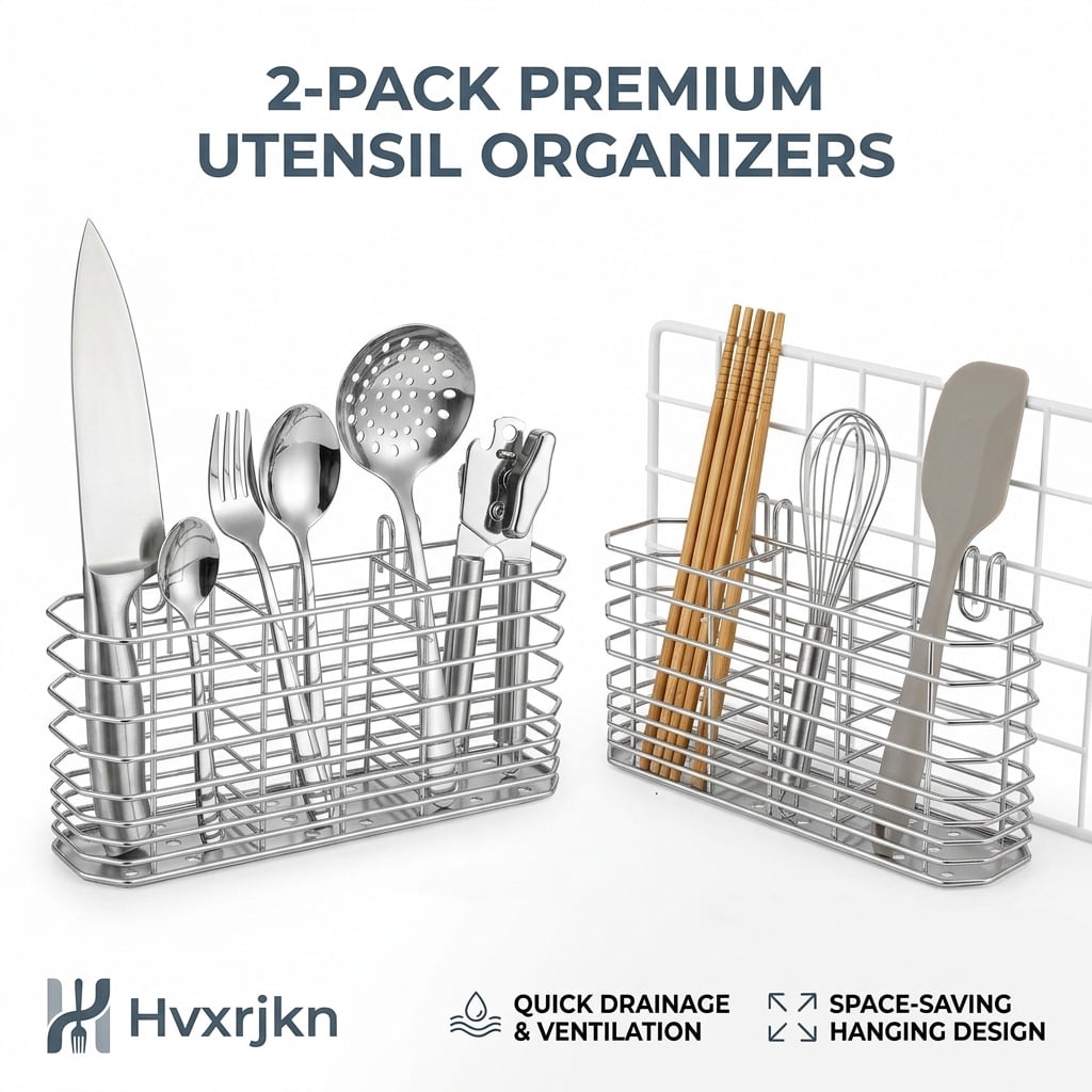 2Pcs Kitchen Utensil Holder 7.87*3.42in Stainless Steel Cutlery Hanging Basket for Knife Fork Spoon Quick Drying Compartmental Utensil Drainage Rack for Kitchen