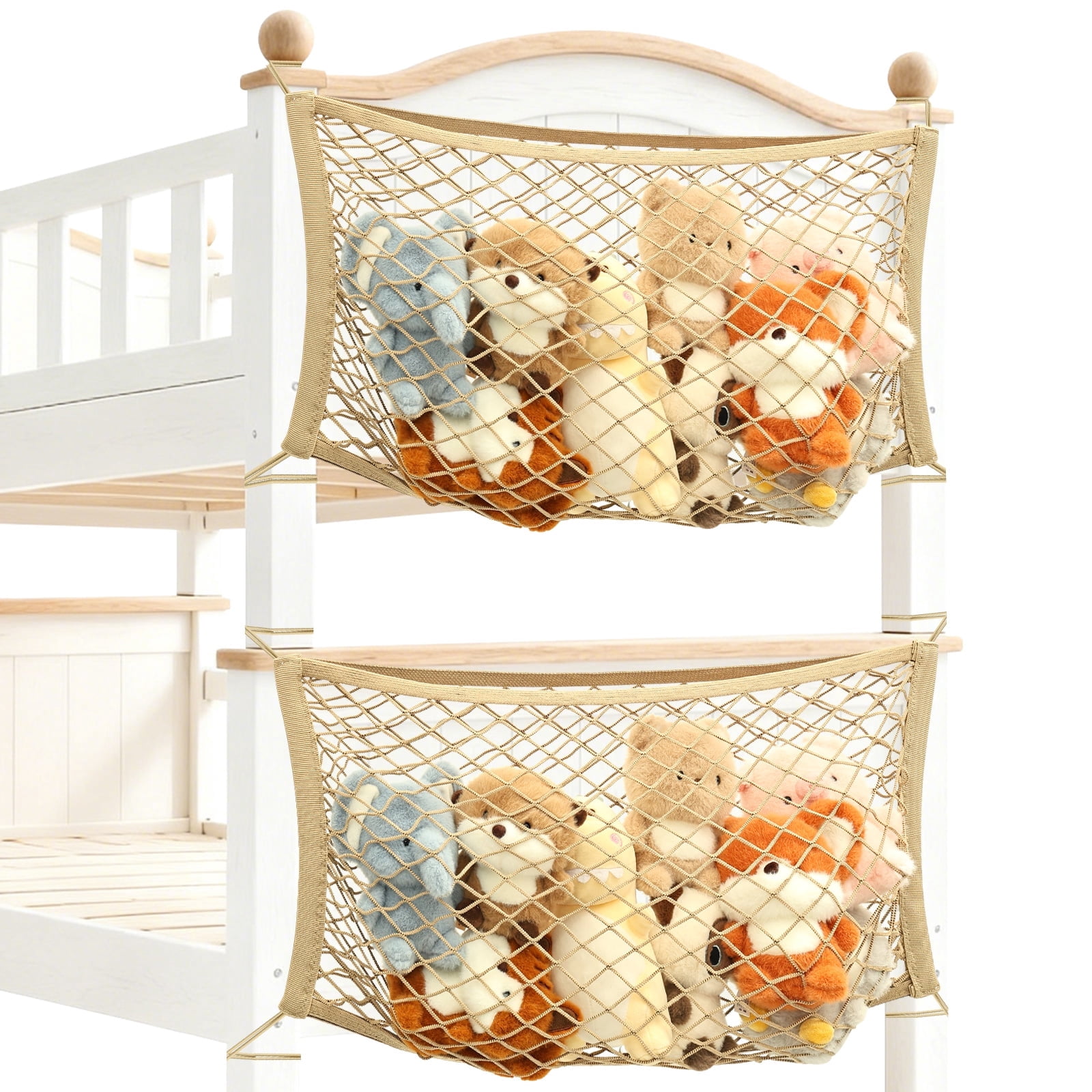 Evjurcn 2Pcs Stuffed Animal Storage Net for Kid Soft Cuddly Toy Organizer 70 x 30 cm Hanging Elastic Net with Tether for Bedroom Beige