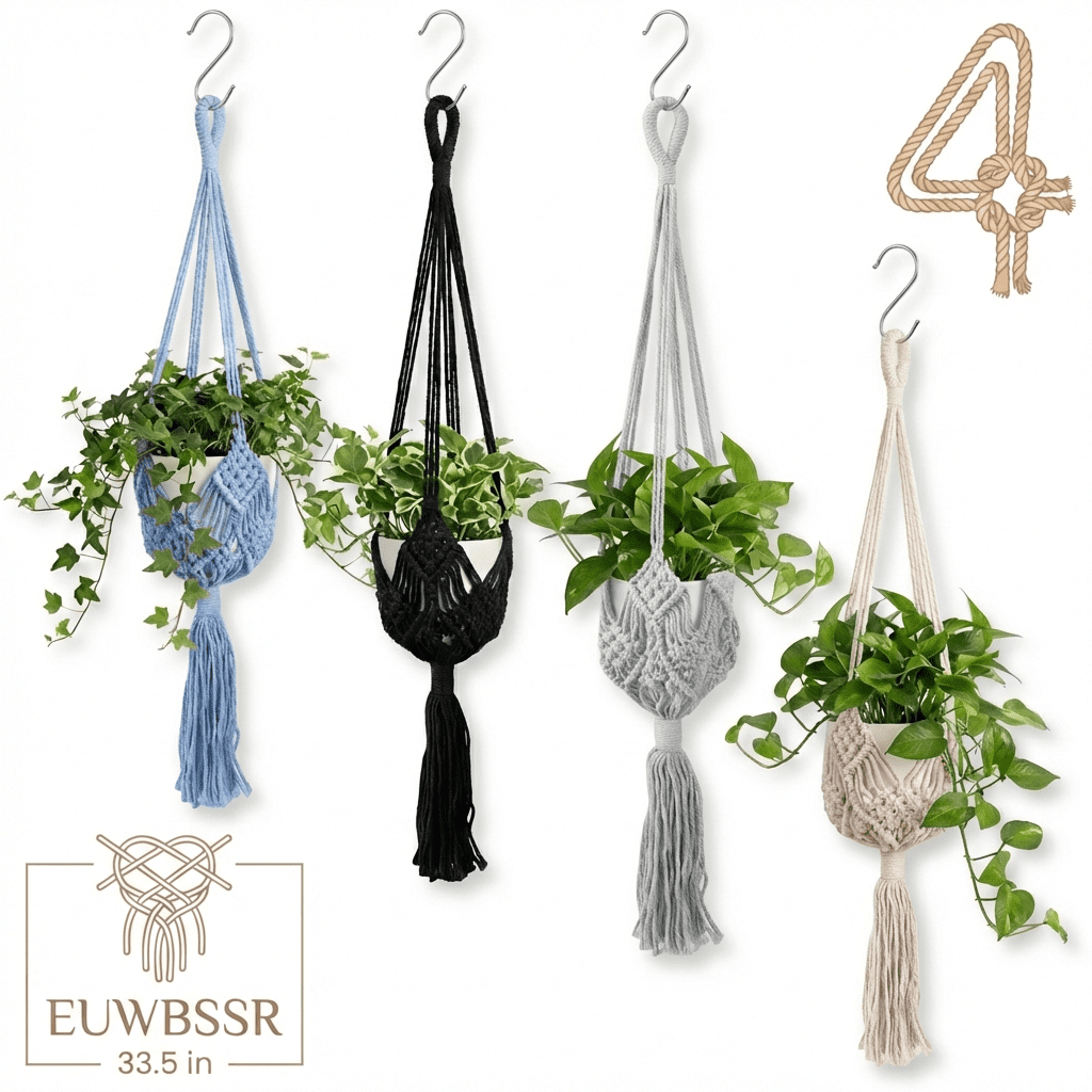 EUWBSSR 4 Pcs 33.46 in Macrame Plant Hangers with Hooks Bohemia Hanging Flower Pots Strong Bearing Capacity Sturdy Design for Home Decor