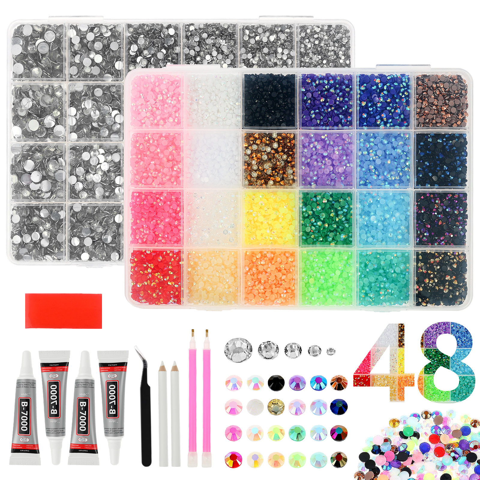 48Color 45000pcs Jelly Resin Rhinestones for Bedazzling Crafting ,Colorful AB Gems Charms for Nails Eyes Face Makeup Tumblers Bottles DIY Crafts Clothes Shoes Phones, 2mm 3mm 4mm 5mm