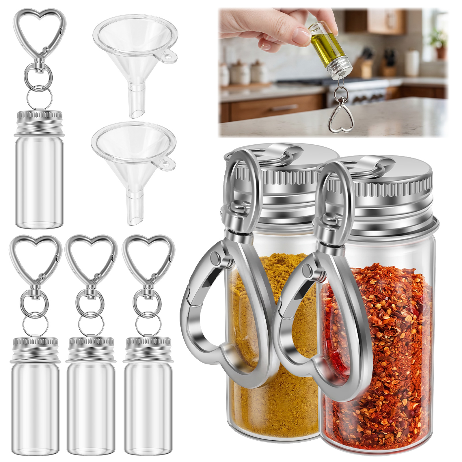 Xdziklosj 6 Pack Mini Seasoning Bottle Keychain Set with Mini Funnel Portable Clear Glass Spice Jar with Lid for Travel Camping Outdoor