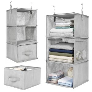 Hanging Closet Organizer with Drawers, 3-Tier Fabric Hanging Shelves Storage System for Clothes, Sweaters & Socks, Closet Organizers and Storage, 2-Pack