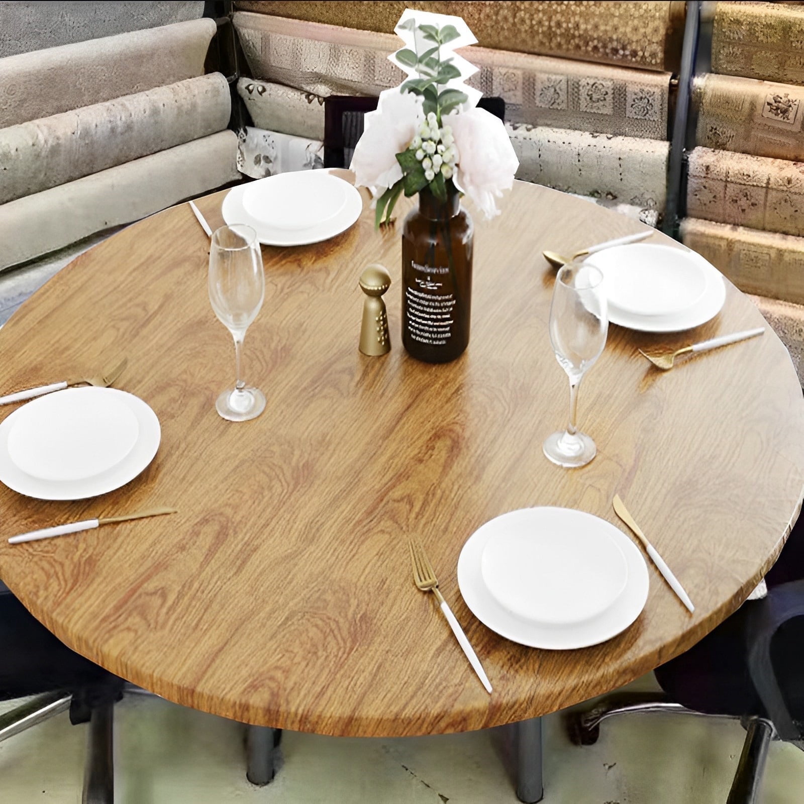 Evjurcn Indoor Outdoor Patio Round Tablecloth, Elastic Edge, Waterproof Wipeable Plastic Table Cover, Wood Texture for 6-Seat Table of 40-44???? Diameter