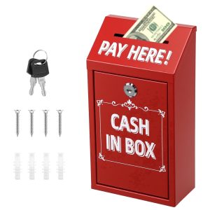 Metal Donation Box with Lock and Slot, Wall Mount Money Drop Box with Pay Here Sign Metal Cash Box for Farm Stand, Porch Pickup, Office & Donations, 10.24 x 5.71 x 2.95 inch