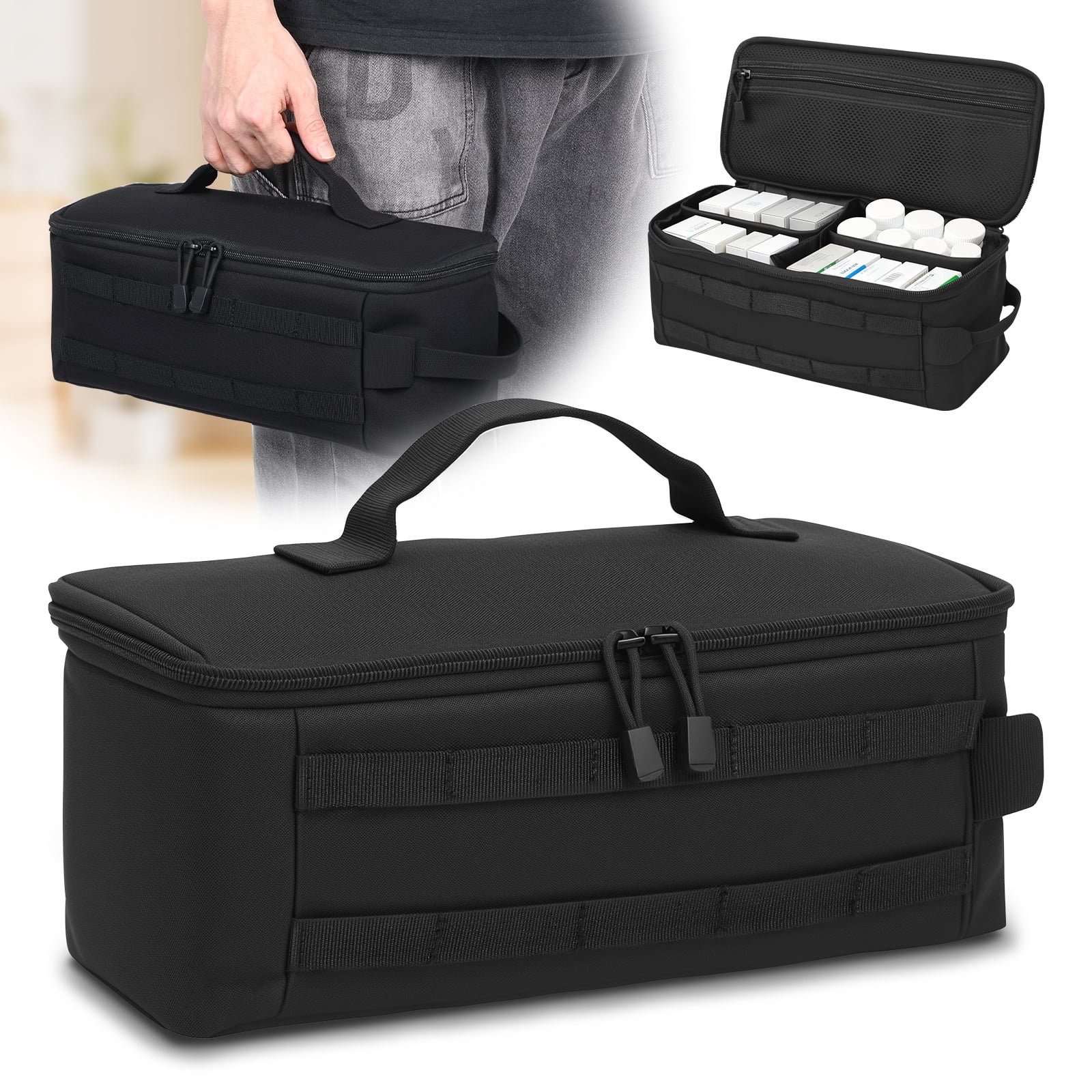 Travel Medicine Bag and Pill Bottle Organizer, Polyester Medical Case with Adjustable Dividers, 14", Black (Bag Only)