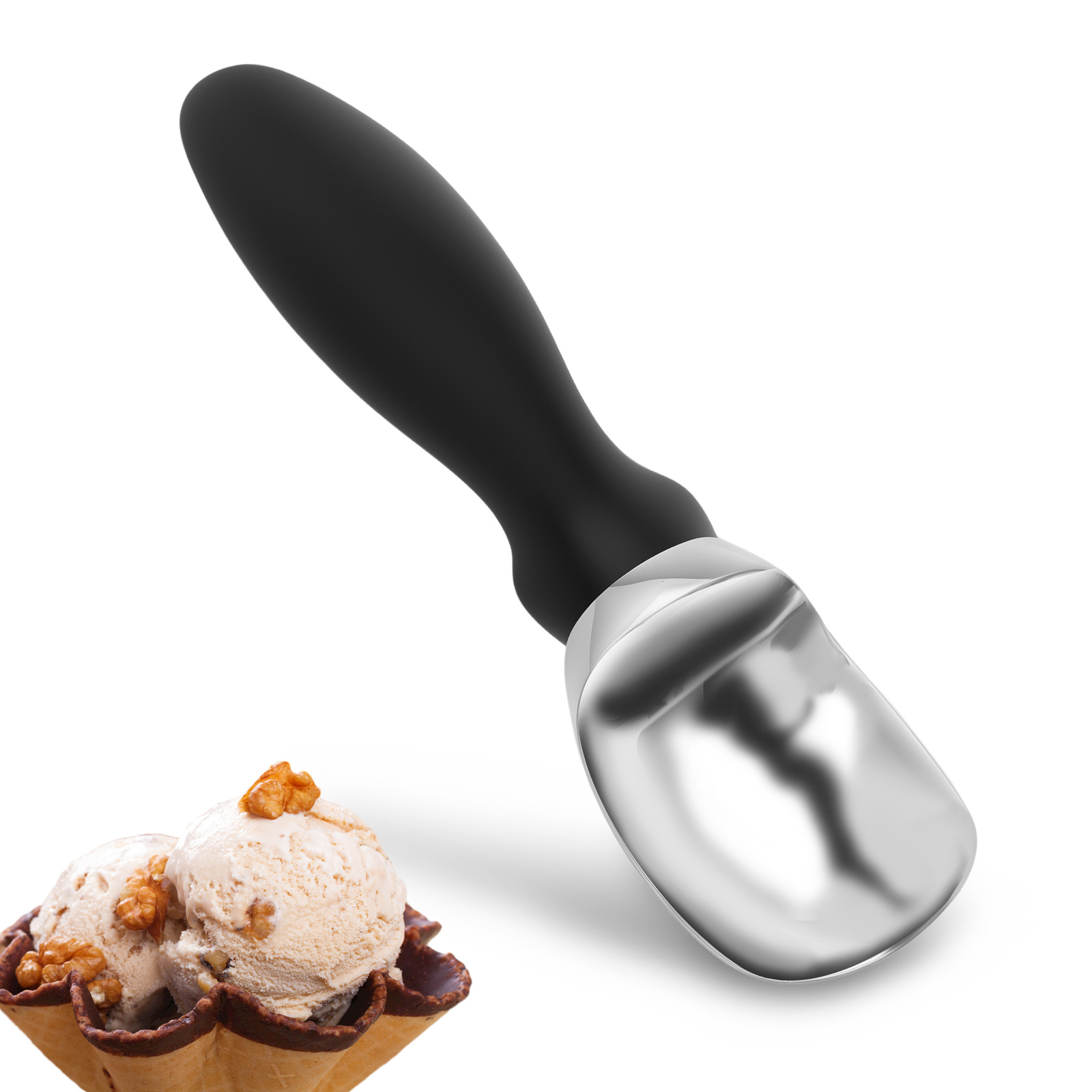 Heavy Duty Ice Cream Scoop, Solid Zinc Alloy Metal Scooper for Hard Desserts, Dishwasher Safe, Black