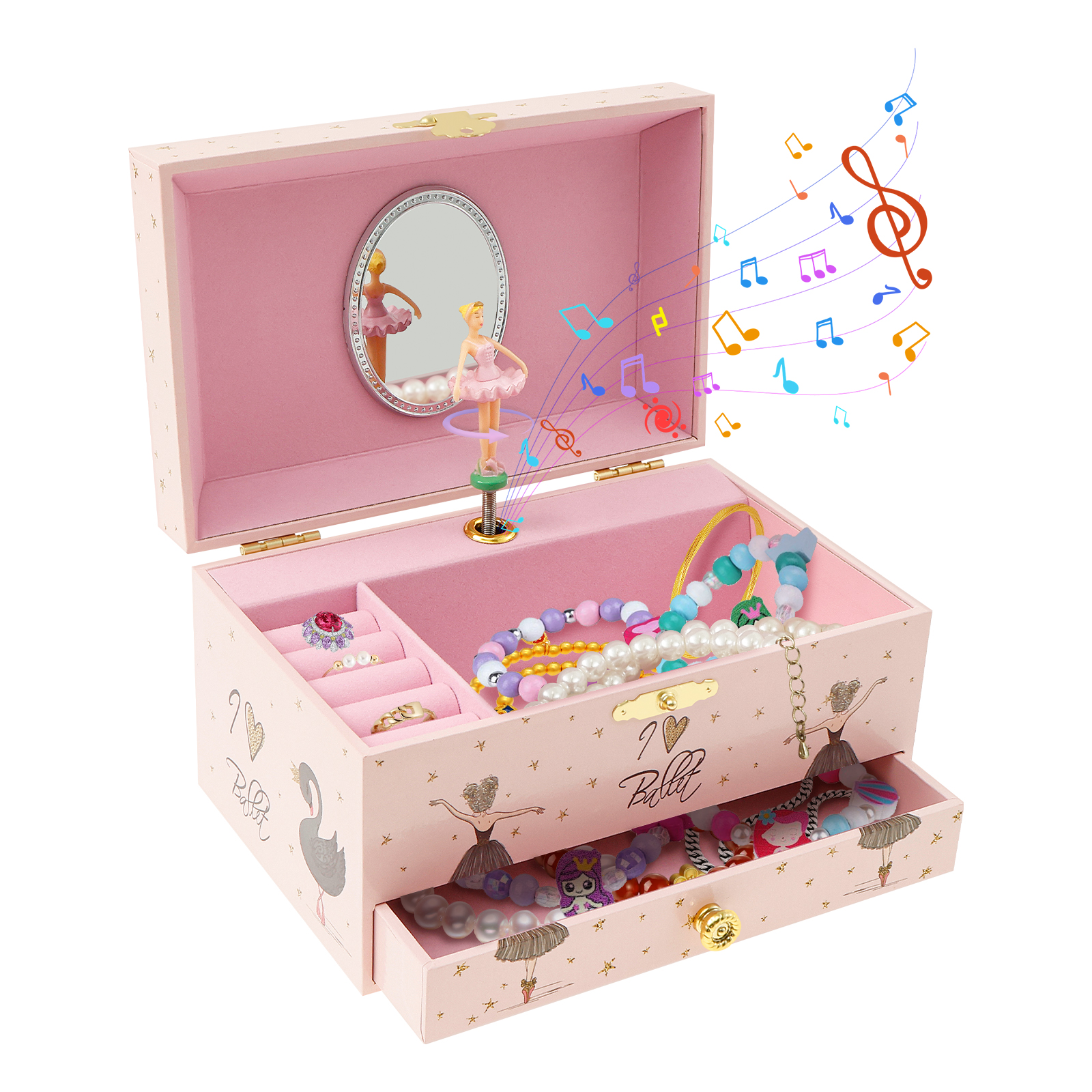 Musical Jewelry Storage Box Decorative Jewelry Organizer Box with Drawer Bracelet Ring Holder Case for Girls Kids Present