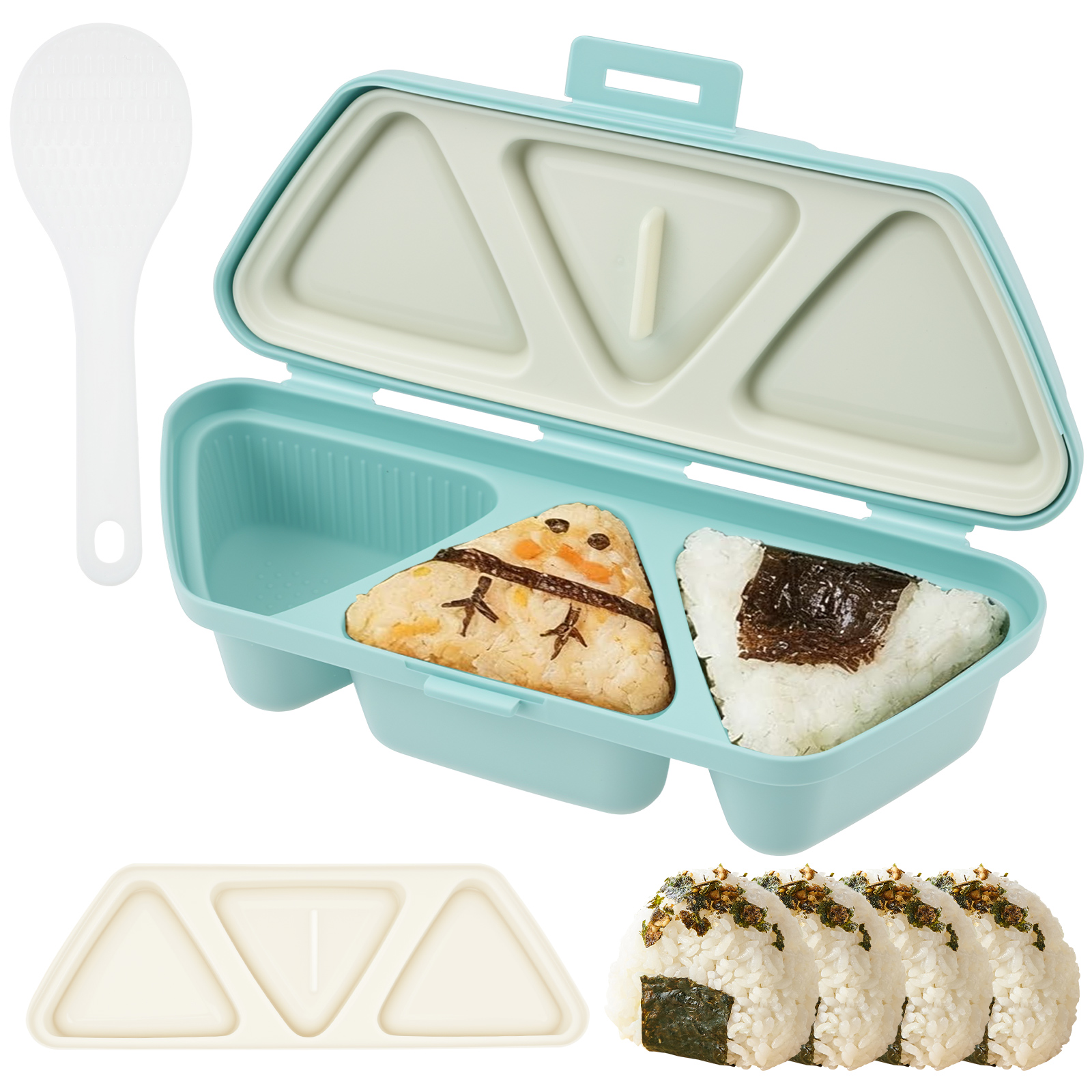 6 in 1 Onigiri Mold, Triangle Rice Ball Maker, BPA-Free Non-Stick Sushi Press for Kids Bento Lunch Box Prep, Foldable, Blue