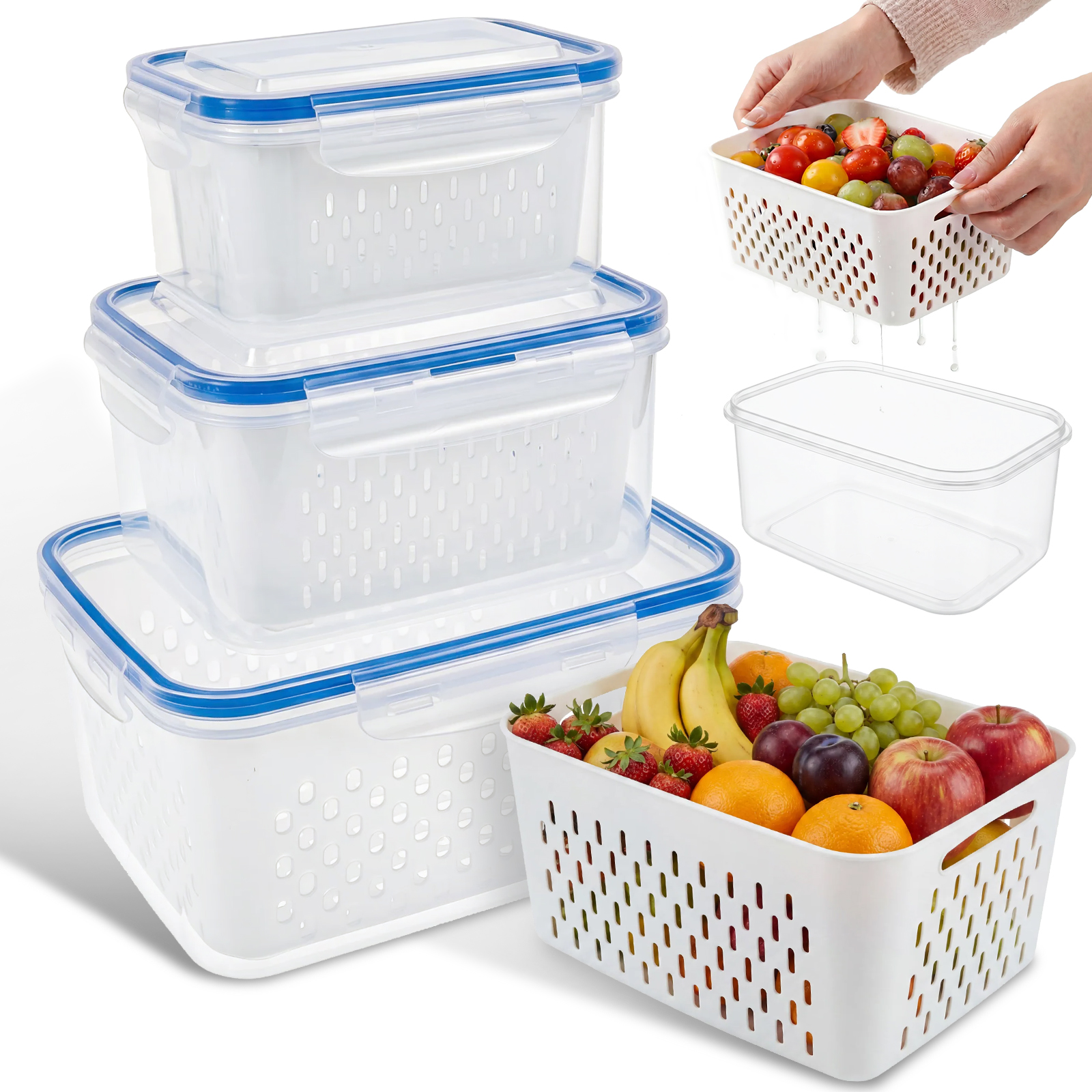 3PC 4 in 1 Fruit Storage Containers for Fridge with Removable Colander Leakproof Produce Saver for Berry and Vegetable Food Grade Stackable Box