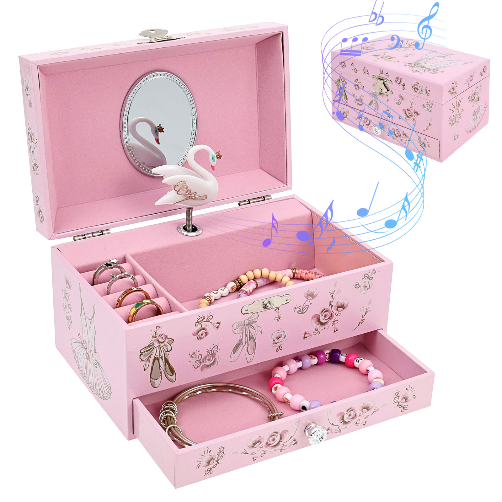 Musical Jewelry Box for Girls, Large Kid Music Box with Rotating Dancer for Birthday Bedroom Decor, 2 Layer Girl Jewelry Gifts for Girls Kids - Pink