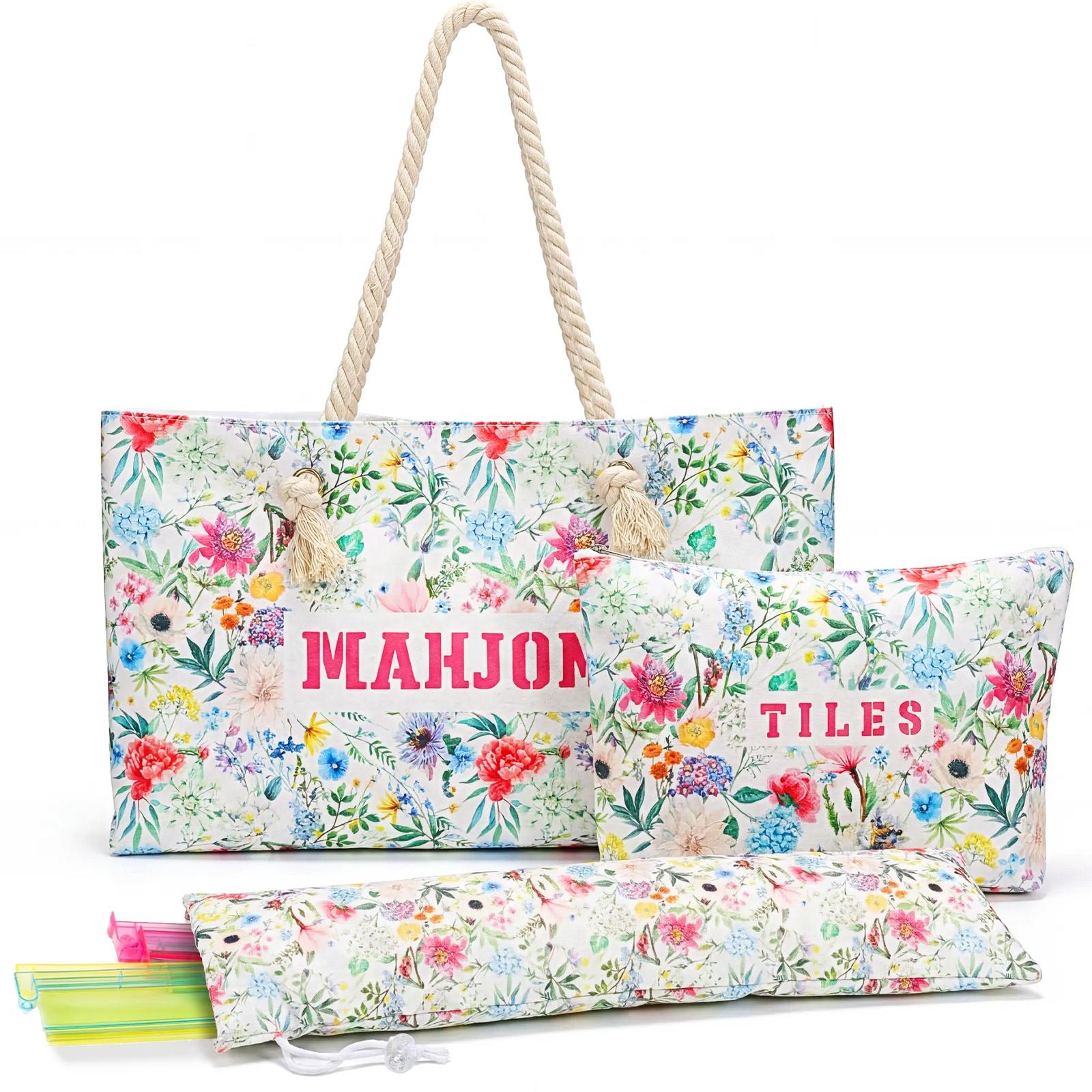 3 Pcs Empty Mahjong Bags Set for Tiles and Racks, Floral American Mahjong Carrying Case Only, Fits Standard 24inch Pusher Racks (No Tiles)