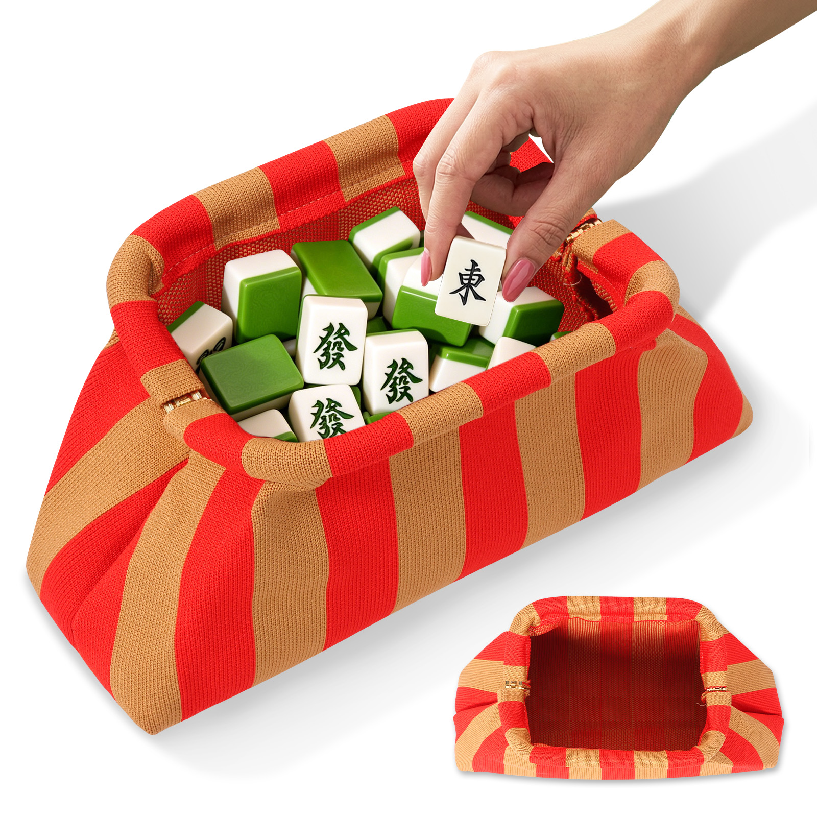 Mahjong Tile Bag Woven Crochet Clutch Purse, Striped Dumpling Bag for 166 Tiles, Summer Beach Vacation Handbag