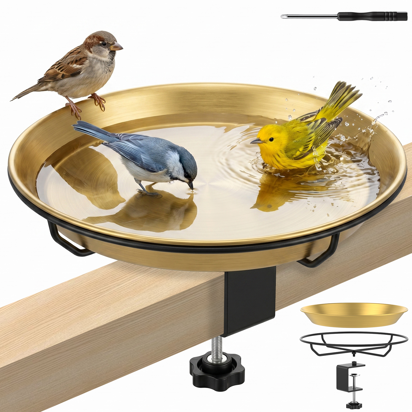 Xiyztok Deck Bird Bath, Stainless Steel Bowl with Adjustable Clamp,10" Rustproof Metal Birdbath and Feeder for Railing Fence Outdoor Garden Decor