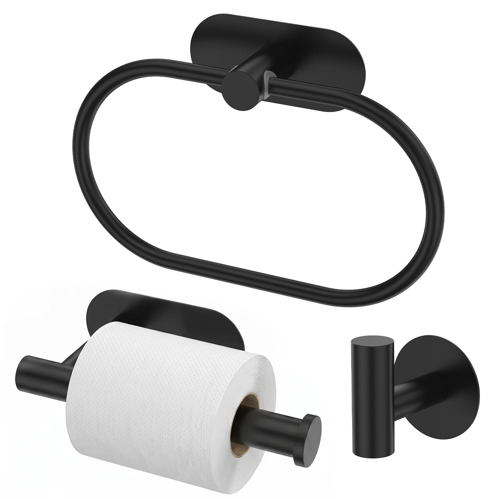 FVKRNYZ 3-Piece Bathroom Hardware Accessories Set, No Drill Towel Ring and Toilet Paper Holder, Stainless Steel Wall Mounted, Black