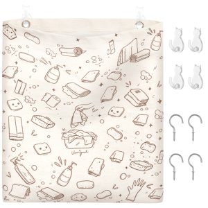 Reusable Rag Storage Bag Multifunctional Dish Towel Bag with Plastic Liner for Cabinet Door Includes 8 Installation Hooks