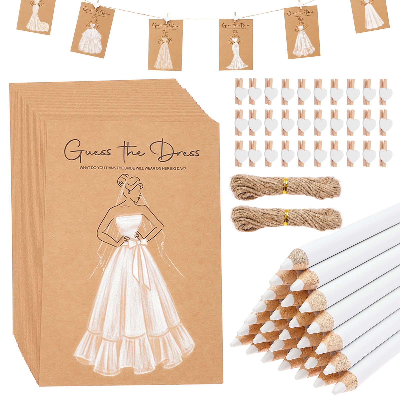 30 Set Guess the Dress Bridal Shower Game Includes 30 Pcs Wedding Shower Game Card 30Pcs Heart Clip 30Pcs Water Soluble Pencil and 2 String Rope Fun Wedding Party Supplies