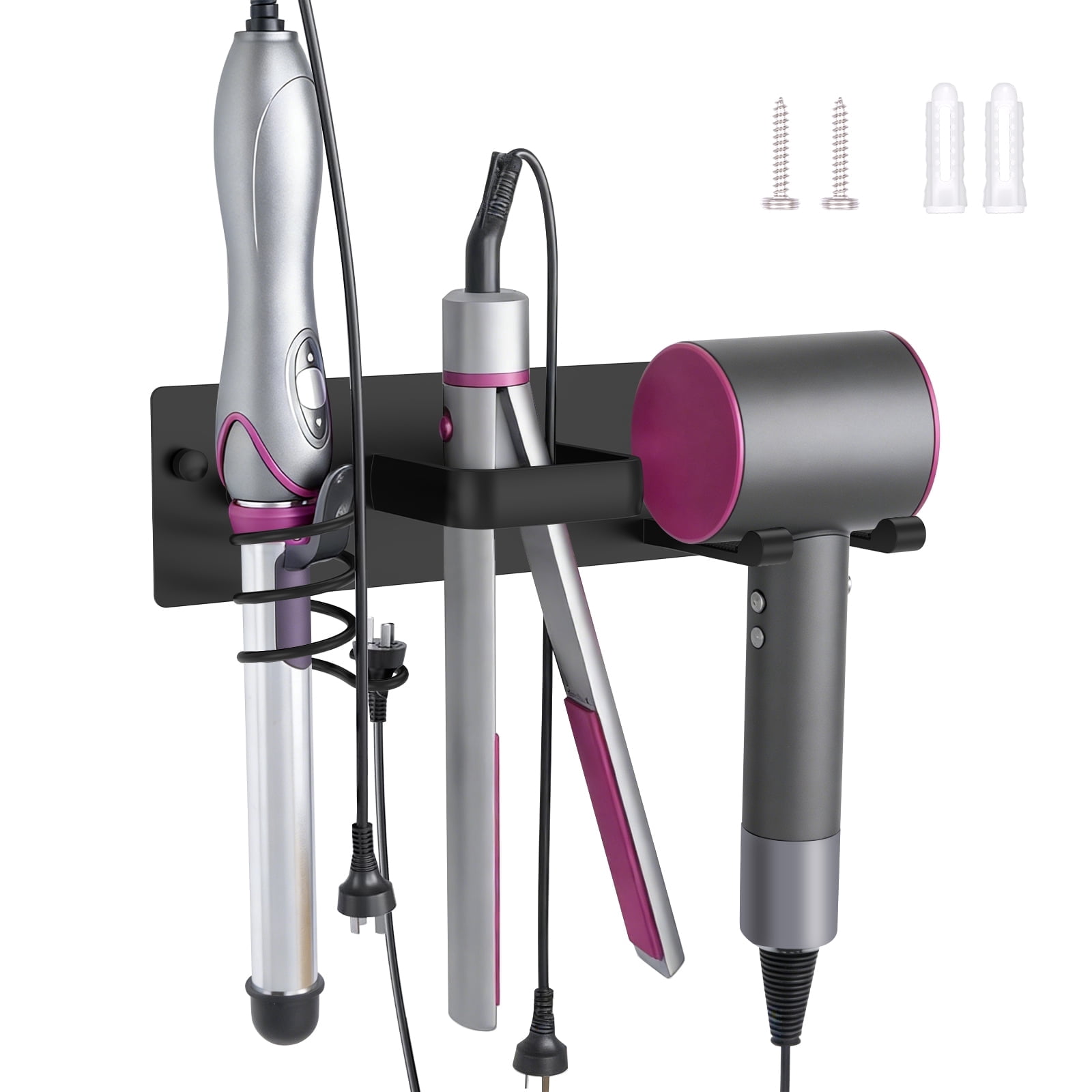 Hair Dryer Holder 3 in 1 Blow Dryer Holder Metal Bathroom Hair Tool Organizer Wall Mounted Bathroom Organizer for Hairdryer Curling Iron Flat Iron (Black or White)