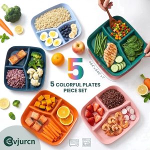 5 Pcs Square Divided Plates, 3 Compartments Portion Control Plates, Reusable Plastic Divider Dinner Plates for Kids and Adults, Microwave and Dishwasher Safe