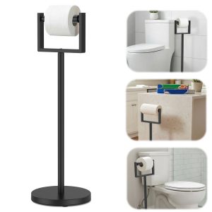 Austok Heavy Duty Toilet Paper Holder Stand Extra Weighted Base No Tipping Stainless Steel Toilet Paper Stand Free Standing Floor Toilet Paper Roll Holder for Bathroom, Matte Black