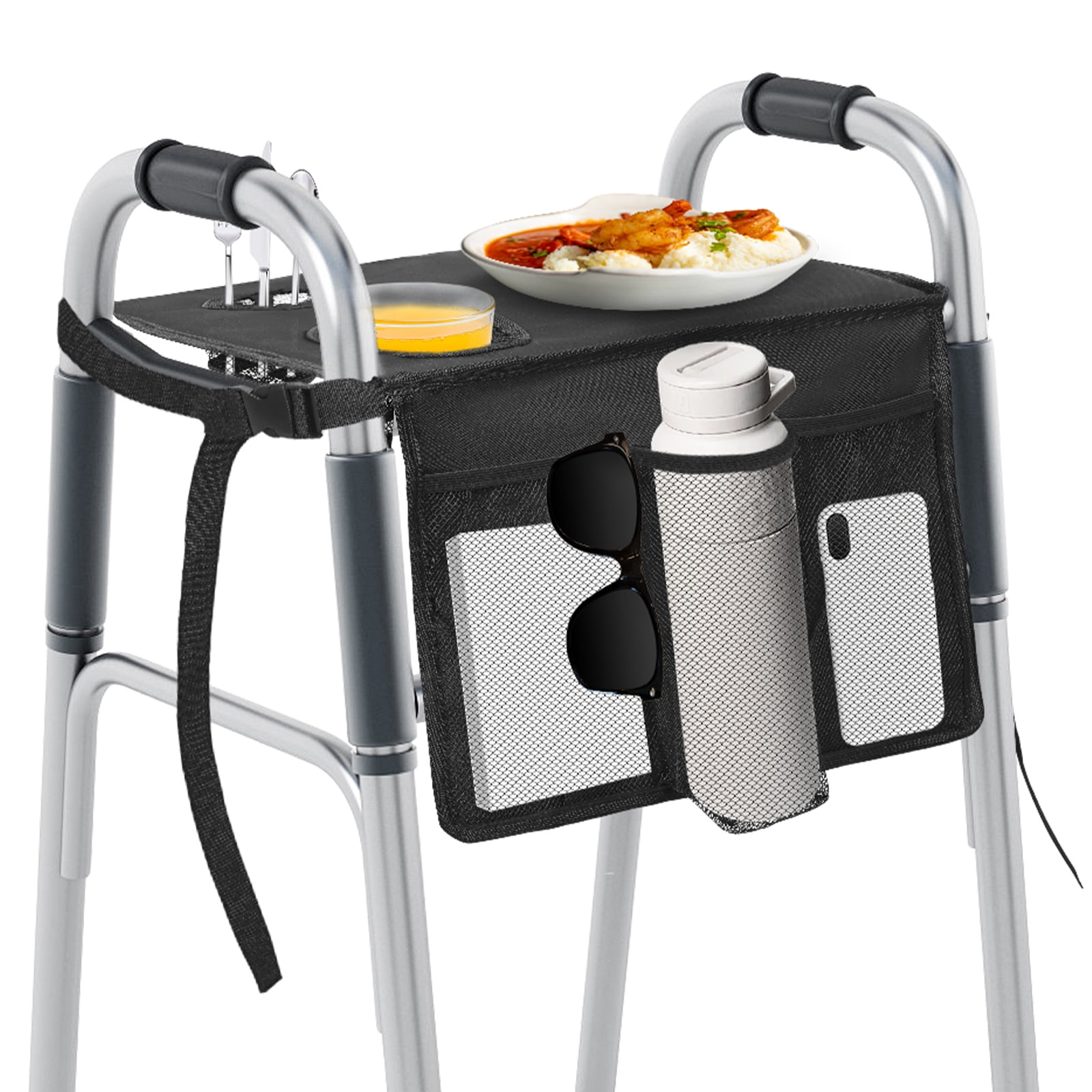Walker Tray for Folding Walker Tray for Walkers with Non-Slip Mat for Food 3 Front Pockets & 2 Cup Holders Fits Most Standard Folding Walkers Walker Accessories for Senior