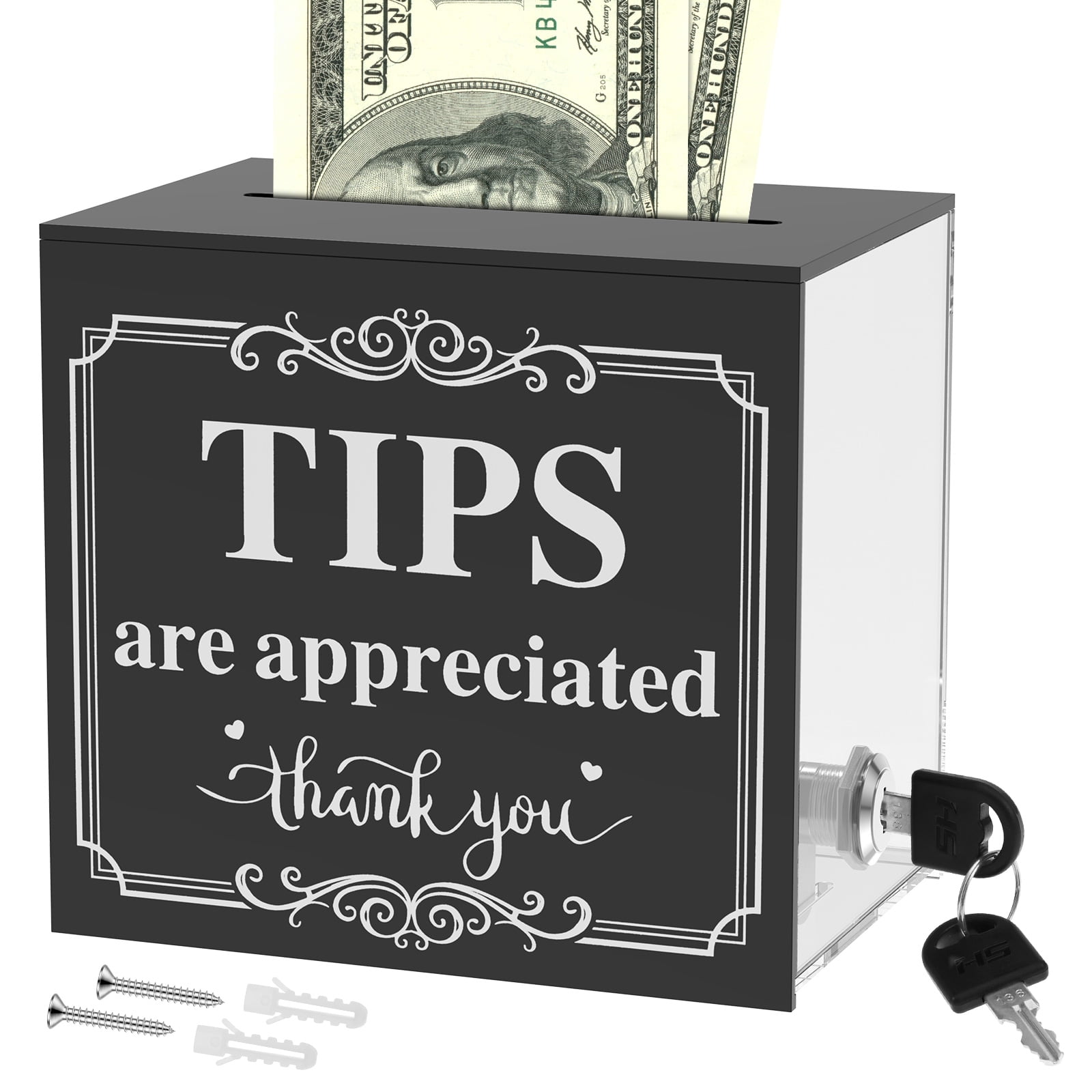 Acrylic Tip Jar for Bartender Tip Box Tip Jars Suggestion Box with Slot and Lock Money Jar Donation Box with Lock for Bar Restaurant Musician Car Driver, 3.94 x 4.72 x 5.35 inch