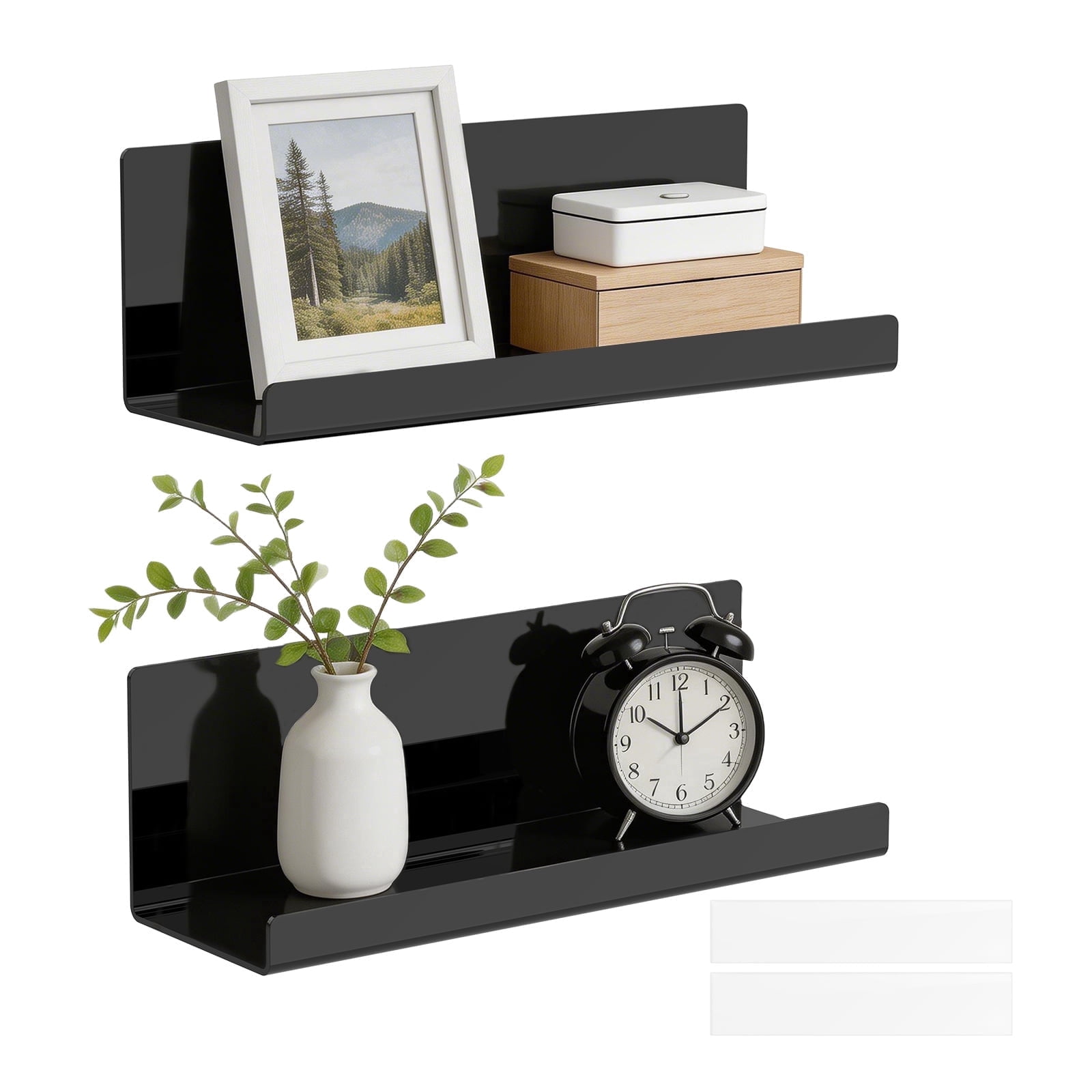 2Pcs Acrylic Floating Shelves No Drilling Wall Mounted Storage Shelf with Backing Adhesive Easy Install Hanging Display Shelf up to 10lbs for Bathroom Kitchen Study Room Office