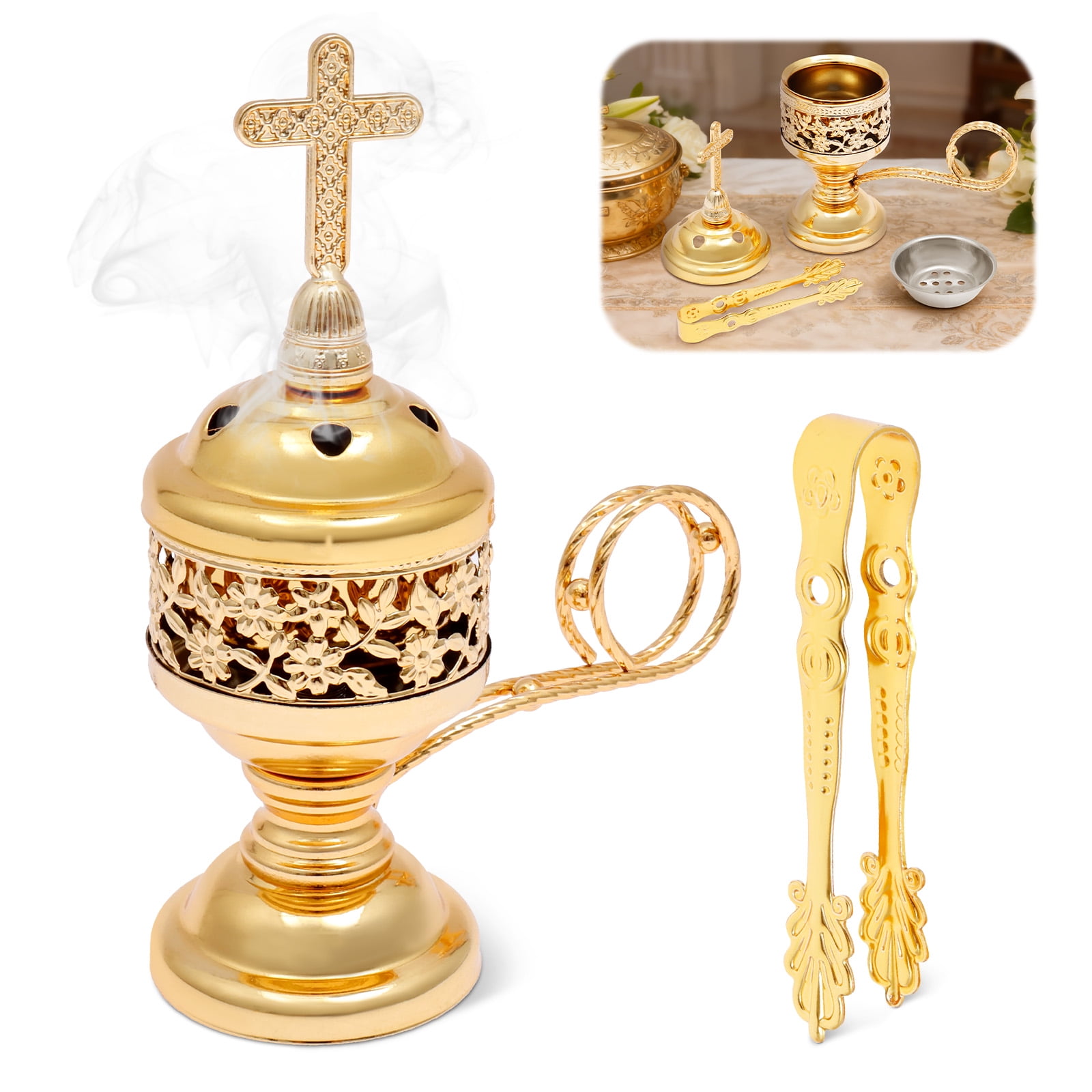 Catholic Incense Burner with Tong Charcoal Polished Metal Brass Censer Holder Christian Church Censer Burner Holder Cones Cross 6.1" Aromatherapy Fragrance Ornament(Gold)