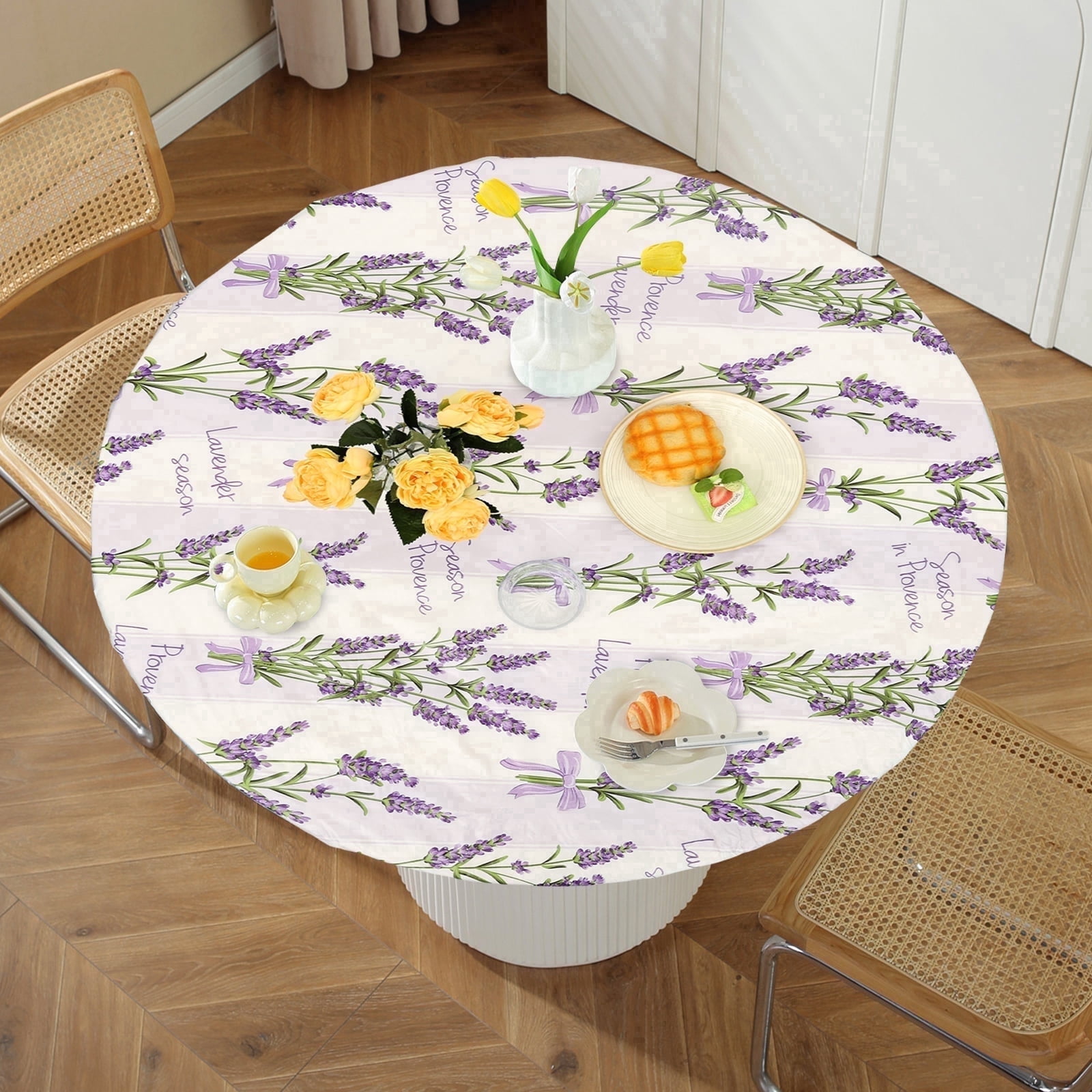 Tcwhniev Indoor Outdoor Round Fitted Vinyl Tablecloth with Elastic Edge Fits 43-55" Tables, Wipeable Waterproof PVC Table Cover with Flannel Backing, Purple Lavender Pattern