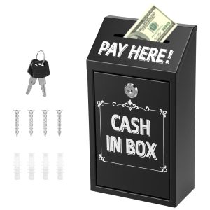 Metal Donation Box with Lock and Slot, Wall Mount Money Drop Box with Pay Here Sign Metal Cash Drop Box for Farm Stand and Porch Pickup, 10.24 x 5.71 x 2.95 inch