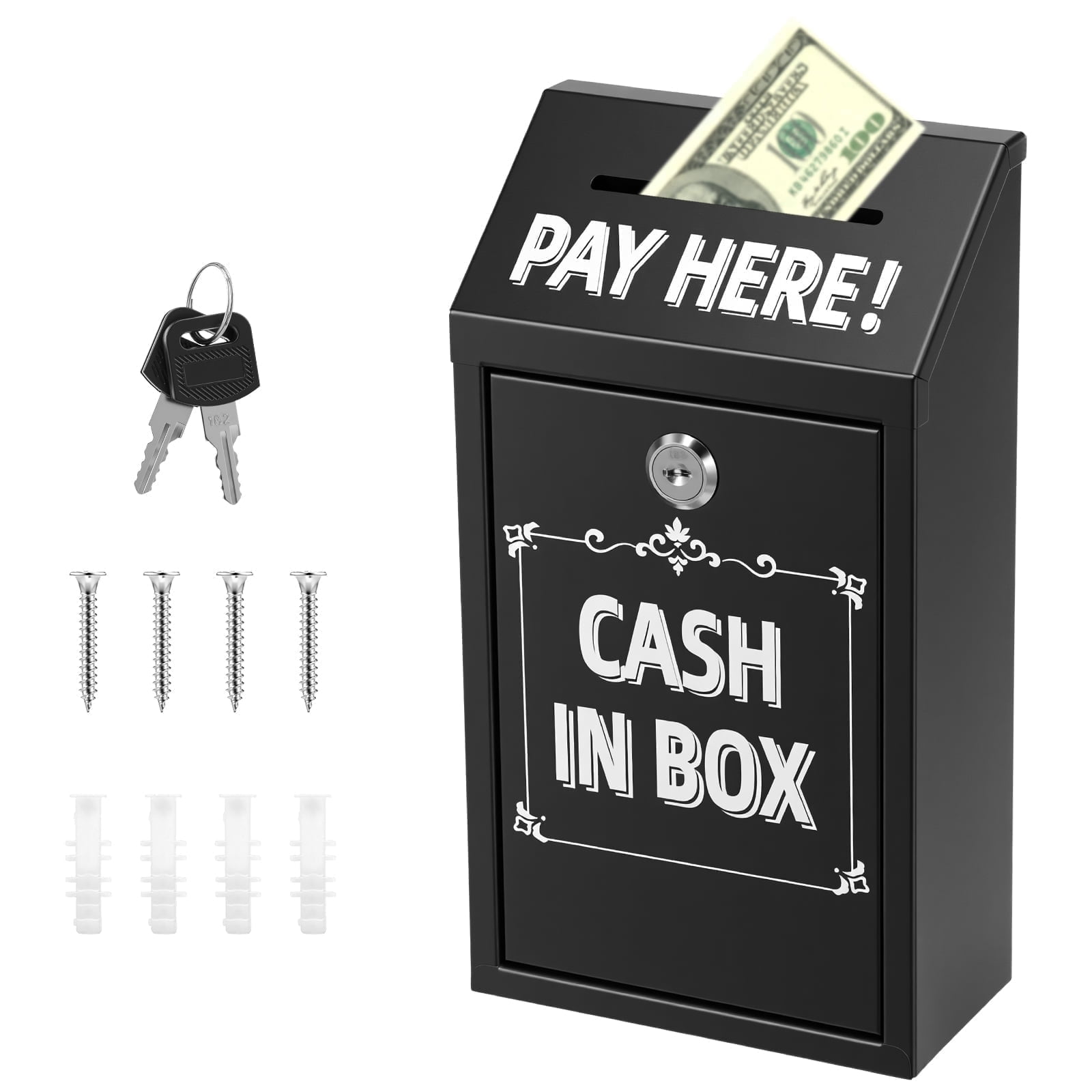 Metal Donation Box with Lock and Slot, Wall Mount Money Drop Box with Pay Here Sign Metal Cash Drop Box for Farm Stand and Porch Pickup, 10.24 x 5.71 x 2.95 inch