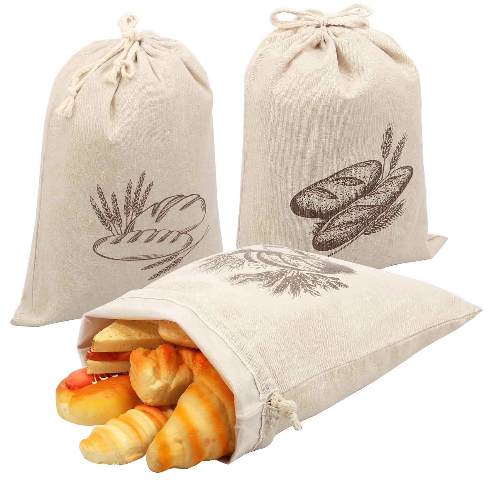 FVKRNYZ 3 Pack Linen Bread Bags, 12"x15" Reusable Storage Pouch with Drawstring and TPU Lined for Homemade Sourdough Artisan Bread Loaf