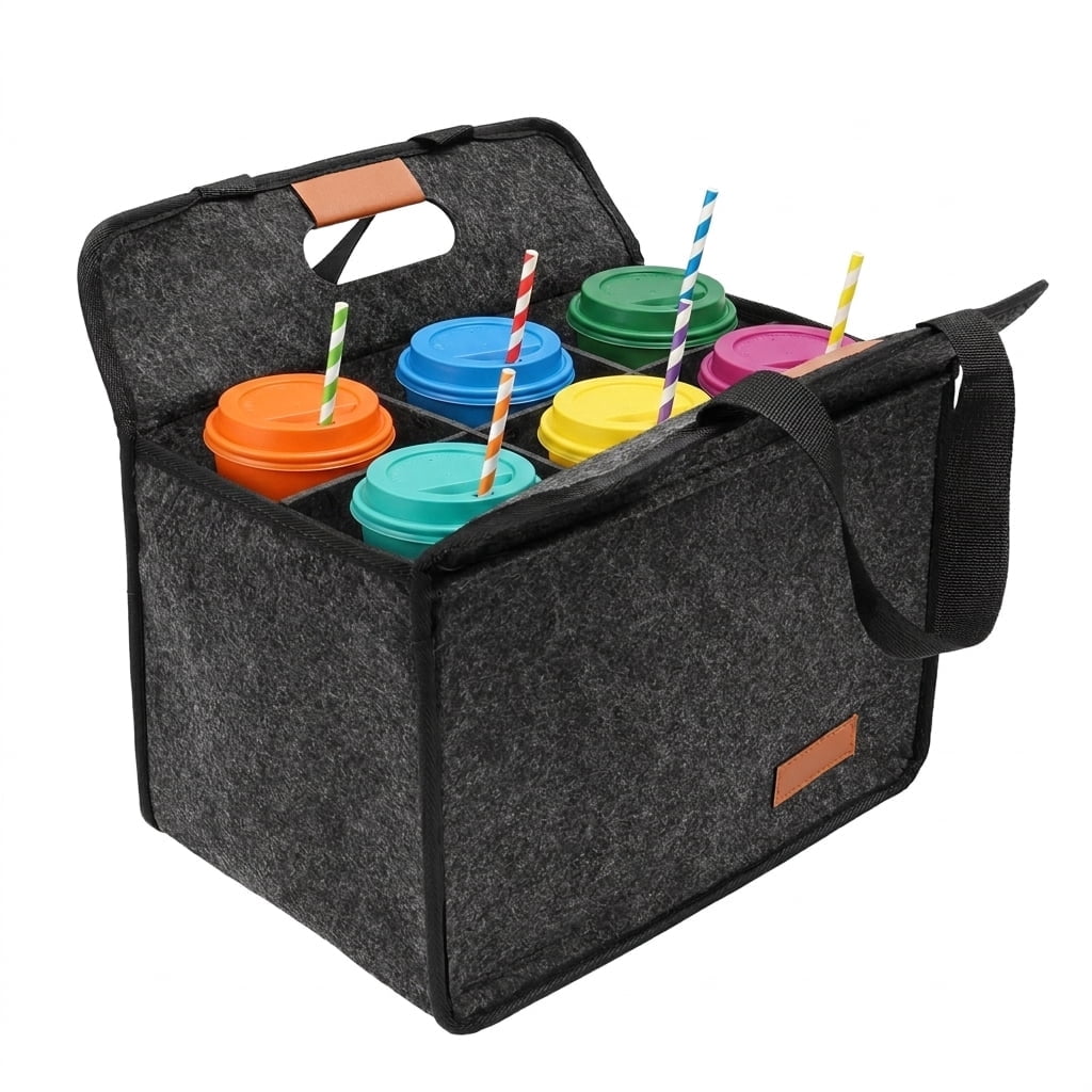 6 Cup Drink Carrier with Handle, Reusable Felt Coffee Cup Holder Bag for Delivery and Takeout, Foldable Beverage Caddy with Detachable Dividers and Sturdy Base Board for Car, Picnic, Gray