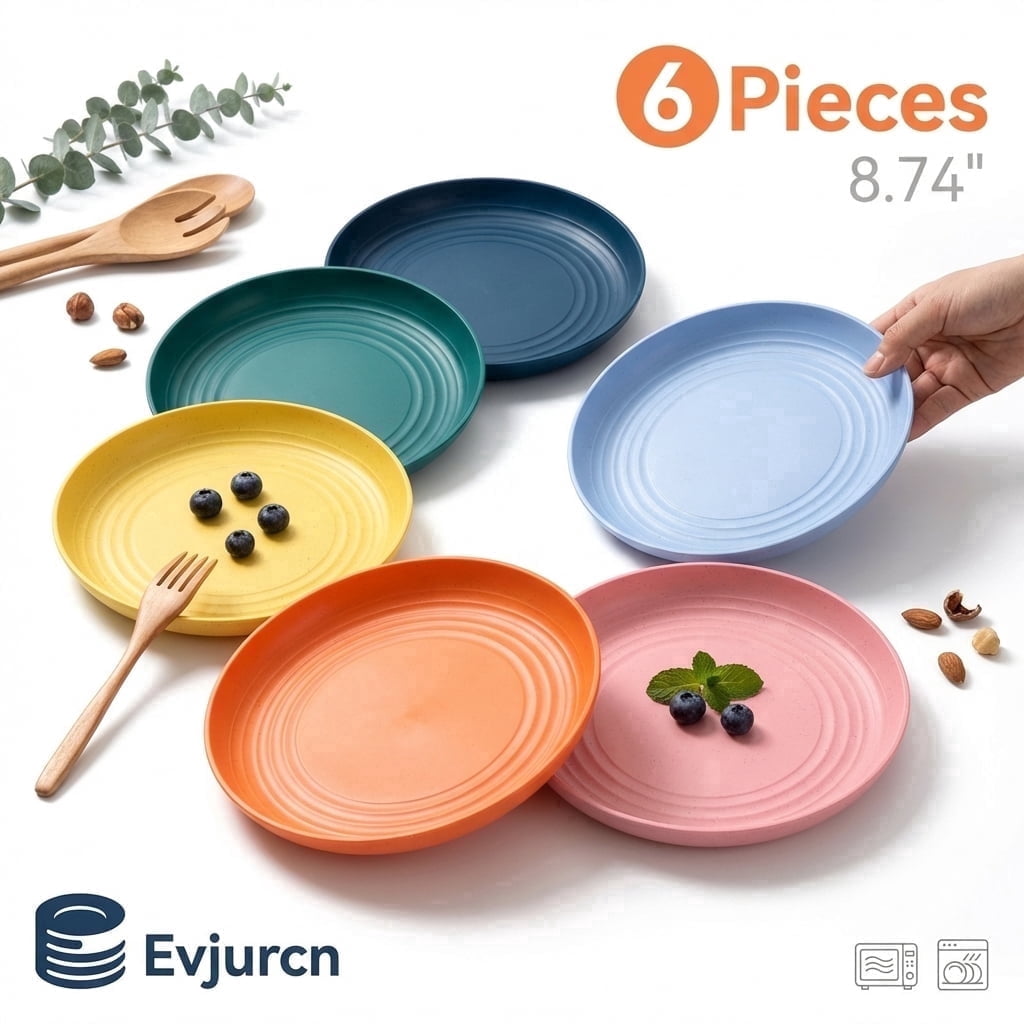 6 Pack Unbreakable Deep Dinner Plates, 8.74-Inch Reusable Plastic Plates, Microwave and Dishwasher Safe Plate for Kitchen, Camping & Picnic