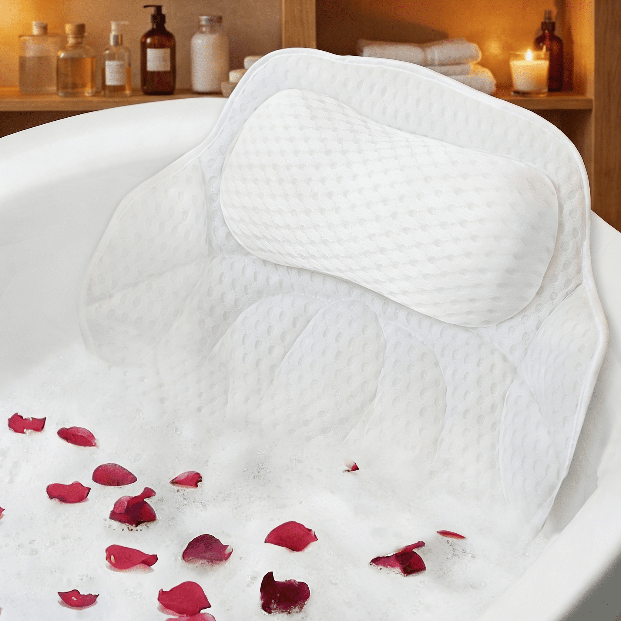 Tcwhniev Soft Bathtub Pillow for Deep Soaking Tub, 4D Air Mesh Bath Cushion with 6 Strong Suction Cups, Ergonomic Neck & Back Support for Home Spa, Machine Washable, White, 18x16.5 In