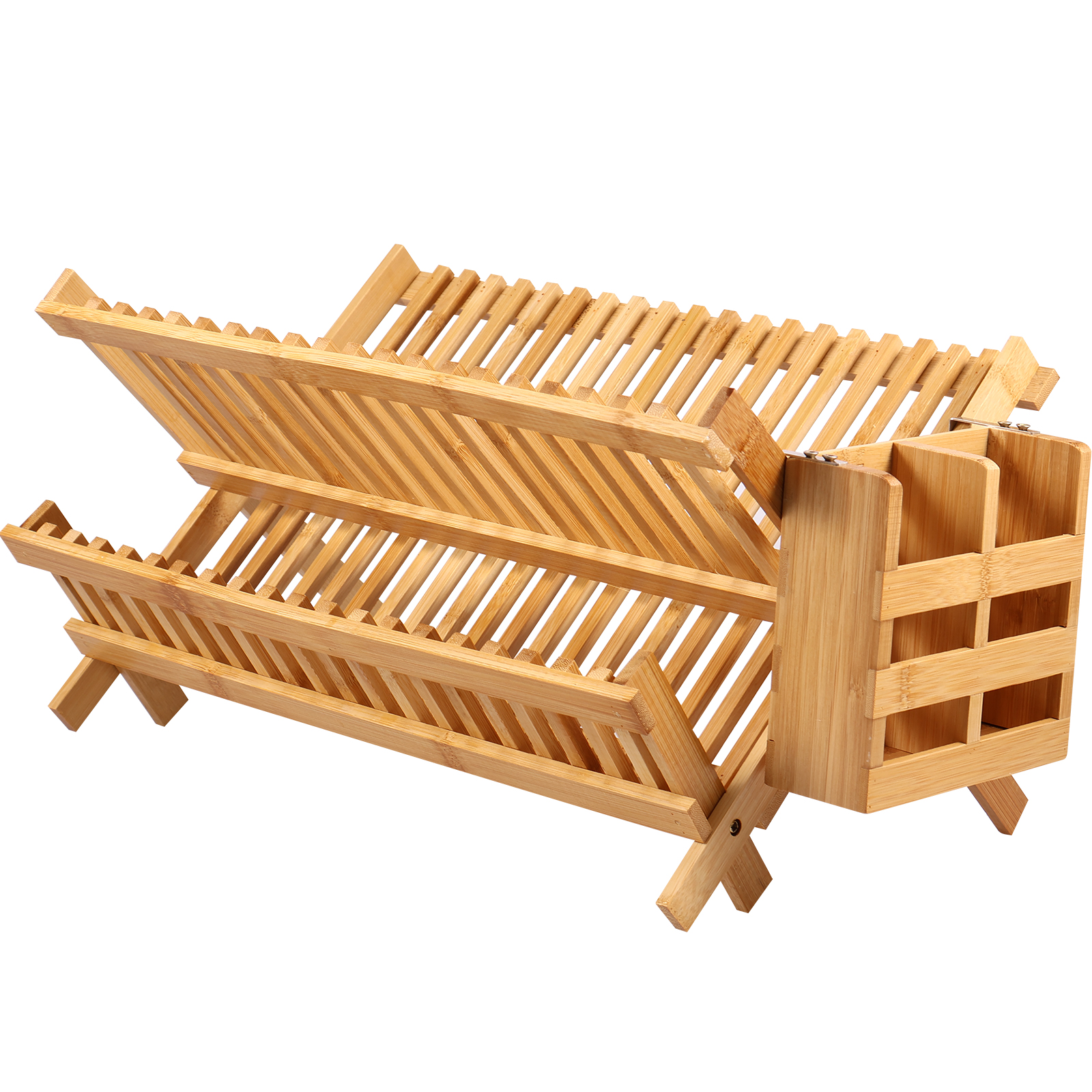 Jetcloudlive Bamboo Dish Drying Rack with Utensil Holder,Collapsible Wooden Dish Drainer Rack,2-Tier Large Folding Drying Holder for Kitchen Counter