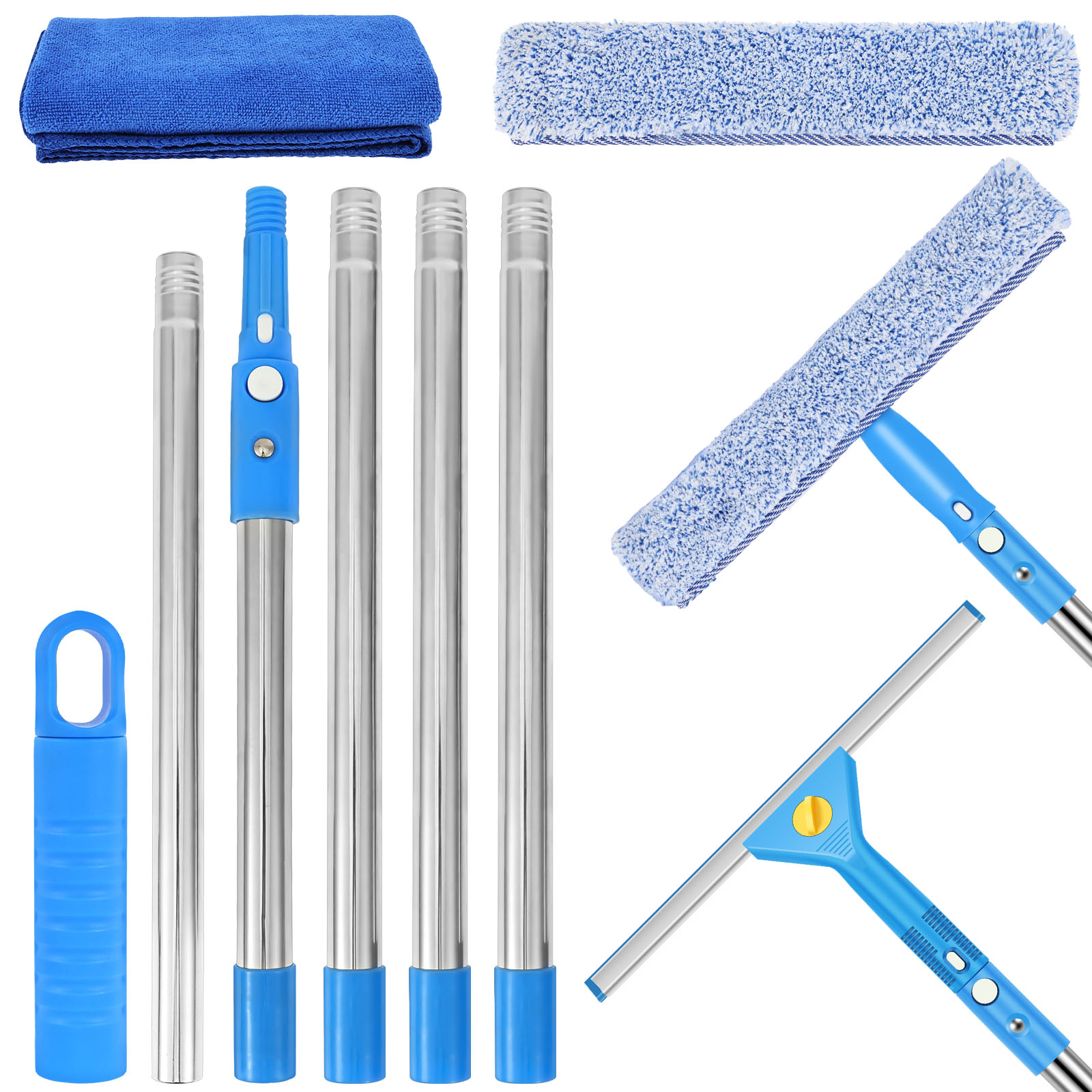Window Squeegee Cleaner Tool, 79" Long Handle Window Cleaning Kit with 2 Microfiber Scrubbers and Silicone Blade