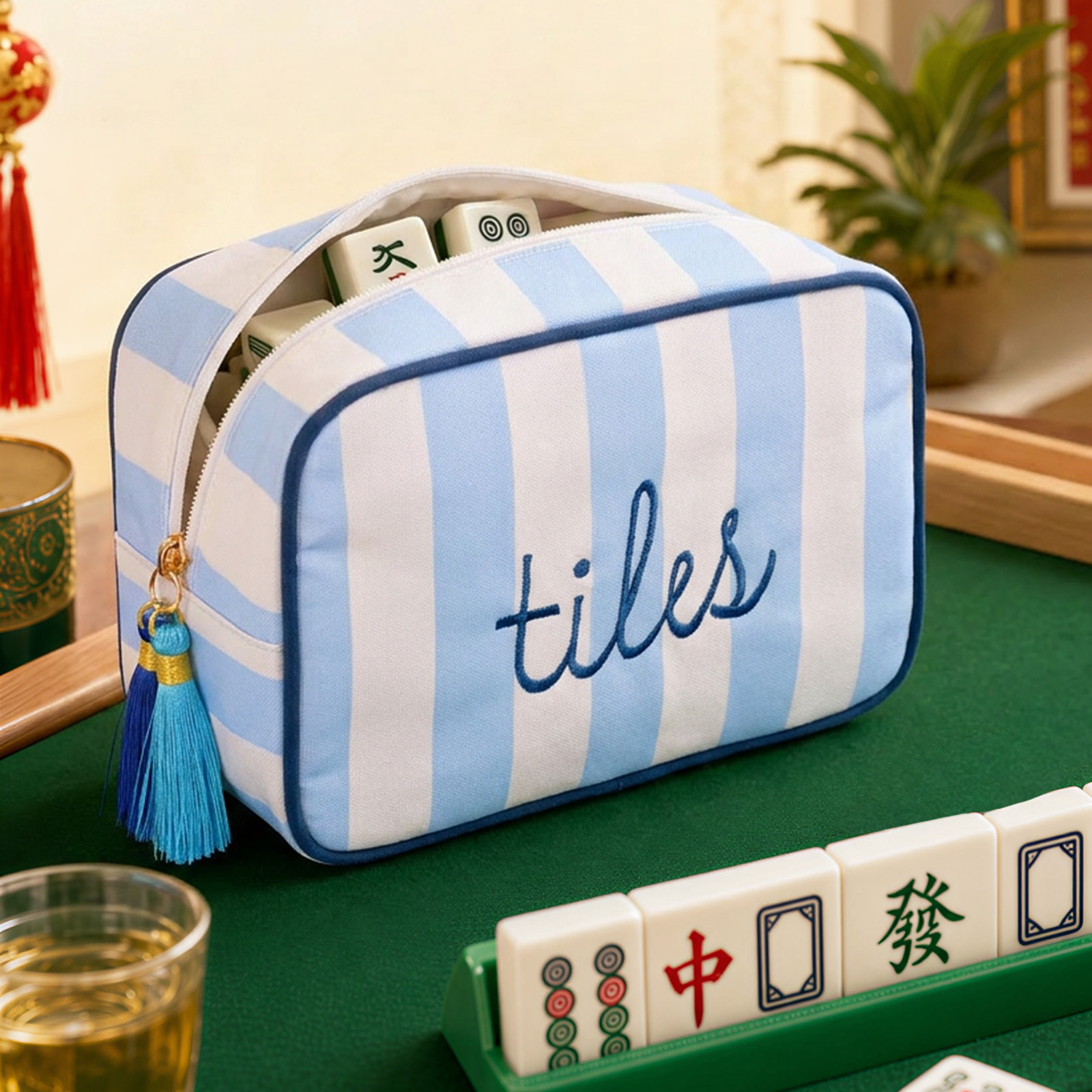 Mahjong Tile Bag with Zipper for 166 Tiles Portable Embroidered Mahjong Storage Pouch for Game Party Travel Gatherings 9.4x3x7 inch