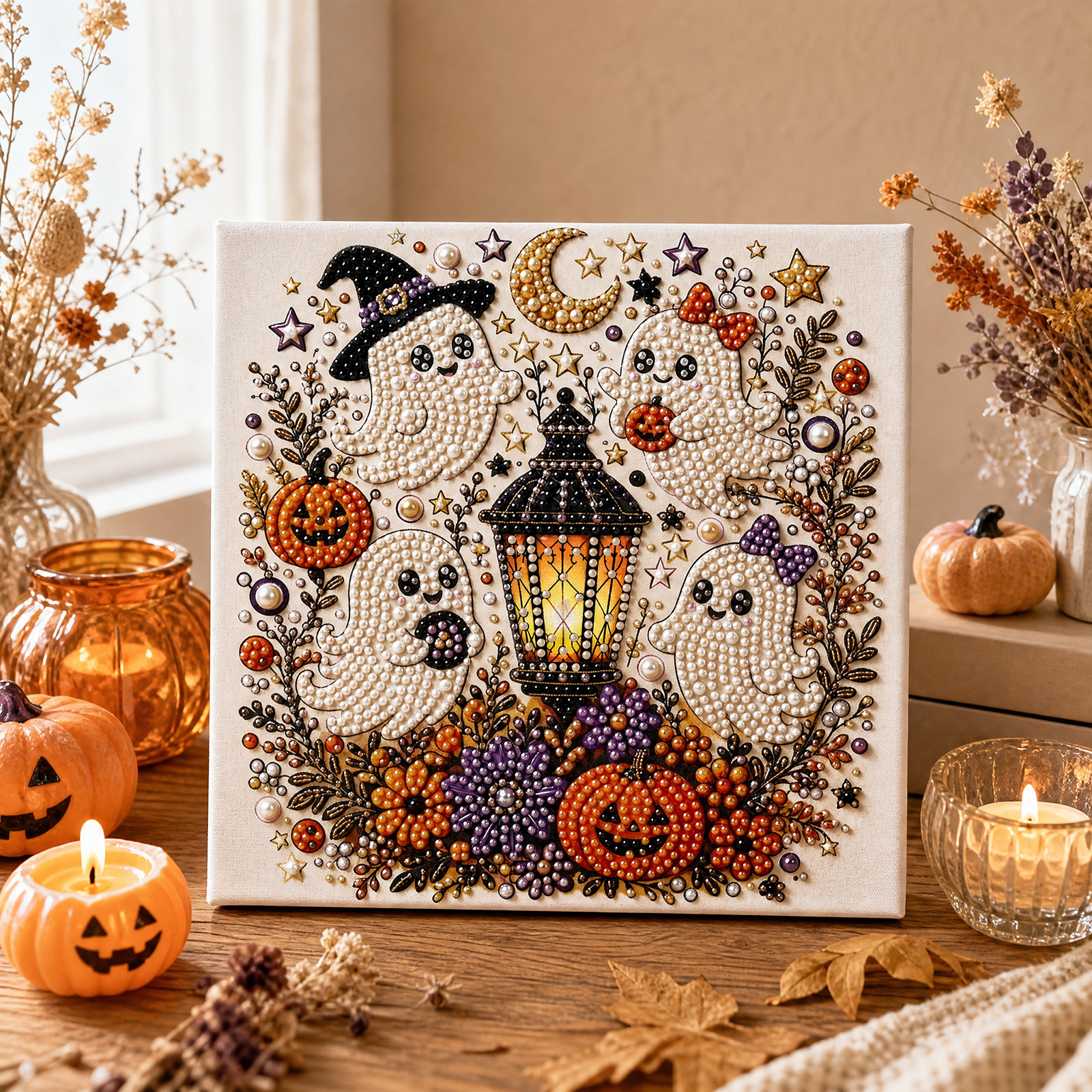 Halloween Ghost Pearl Art DIY Kit - Diamond Art Kits for Adults - Cute Pearl Art DIY Kit, Halloween Beads for Home Decor Wall Art, Beginner Seasonal Party Gift