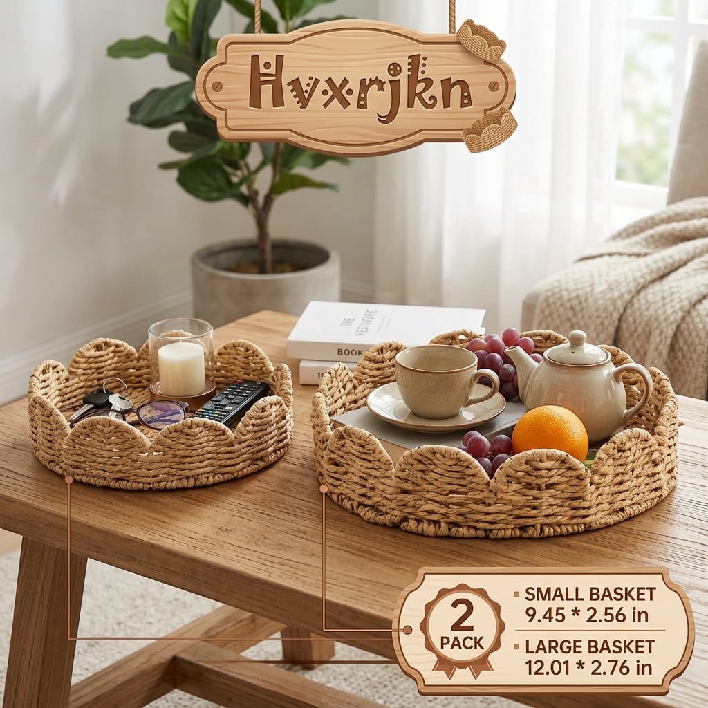 2Pcs Scalloped Basket, Scalloped Edge Round Tray Hand Woven Storage Basket, Woven Serving Trays for Organizing and Home Decor