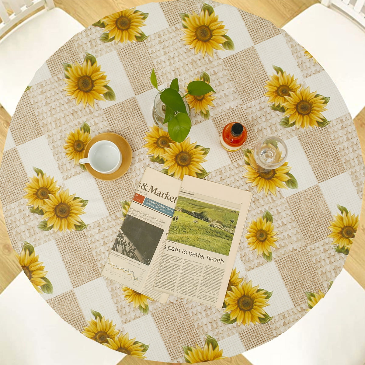 Indoor Outdoor Patio Round Fitted Vinyl Tablecloth, Flannel Backing, Elastic Edge, Waterproof Wipeable Plastic Cover in Sunflower Pattern for 5-Seat Table of 37-43???? Diameter