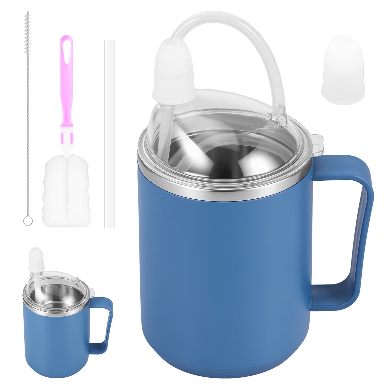 Adult Sippy Cup & Spill-Proof Cup for Elderly - 15 oz Stainless Steel Patient Drinking Cup with 2 Straws, 3-in-1 Non-Spill Feeding Cup with Handle for Bedridden Seniors, Patients and Disabled Care