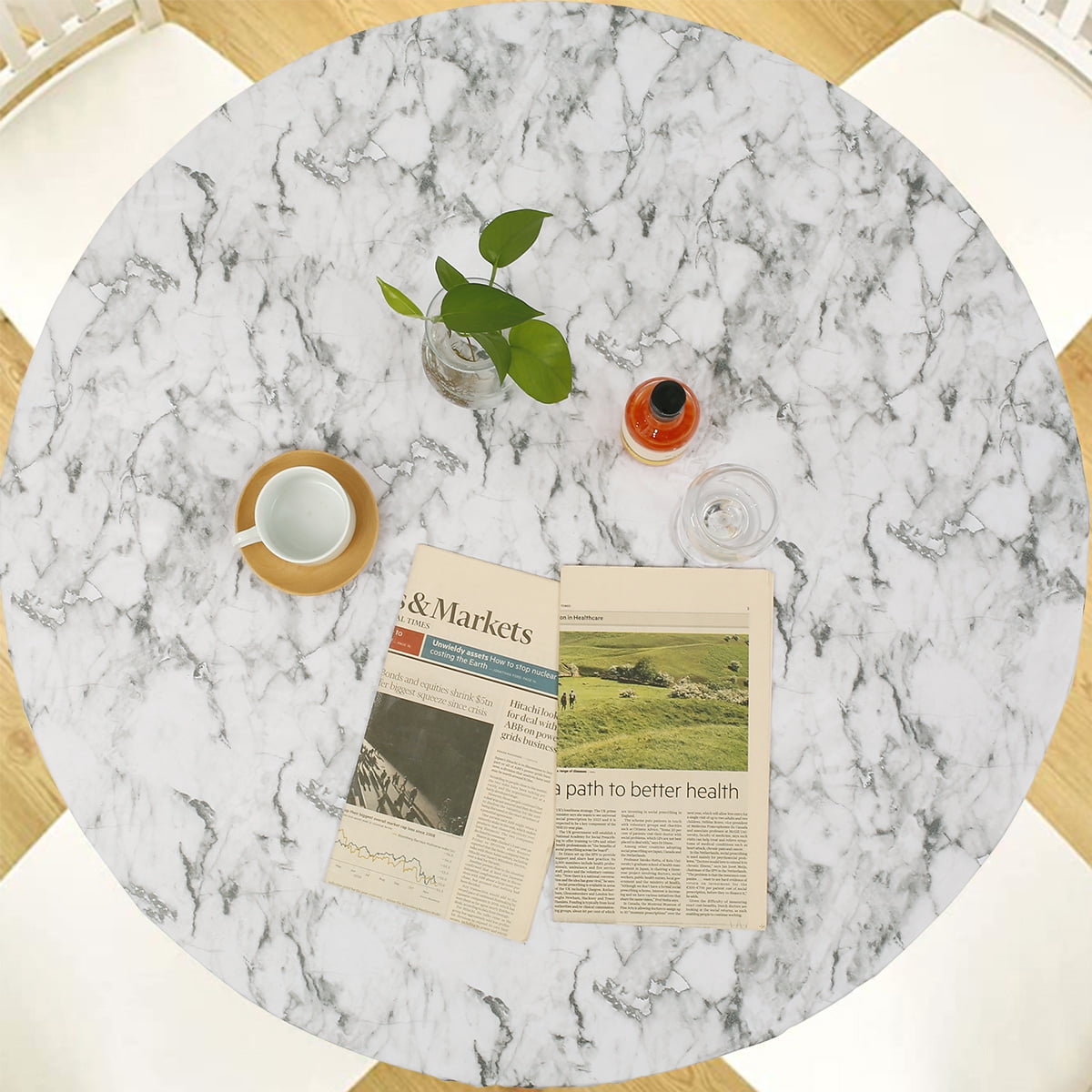Indoor Outdoor Patio Round Fitted Vinyl Tablecloth, Flannel Backing, Elastic Edge, Waterproof Wipeable Plastic Cover in White marble Pattern for 6-Seat Table of 44-55???? Diameter